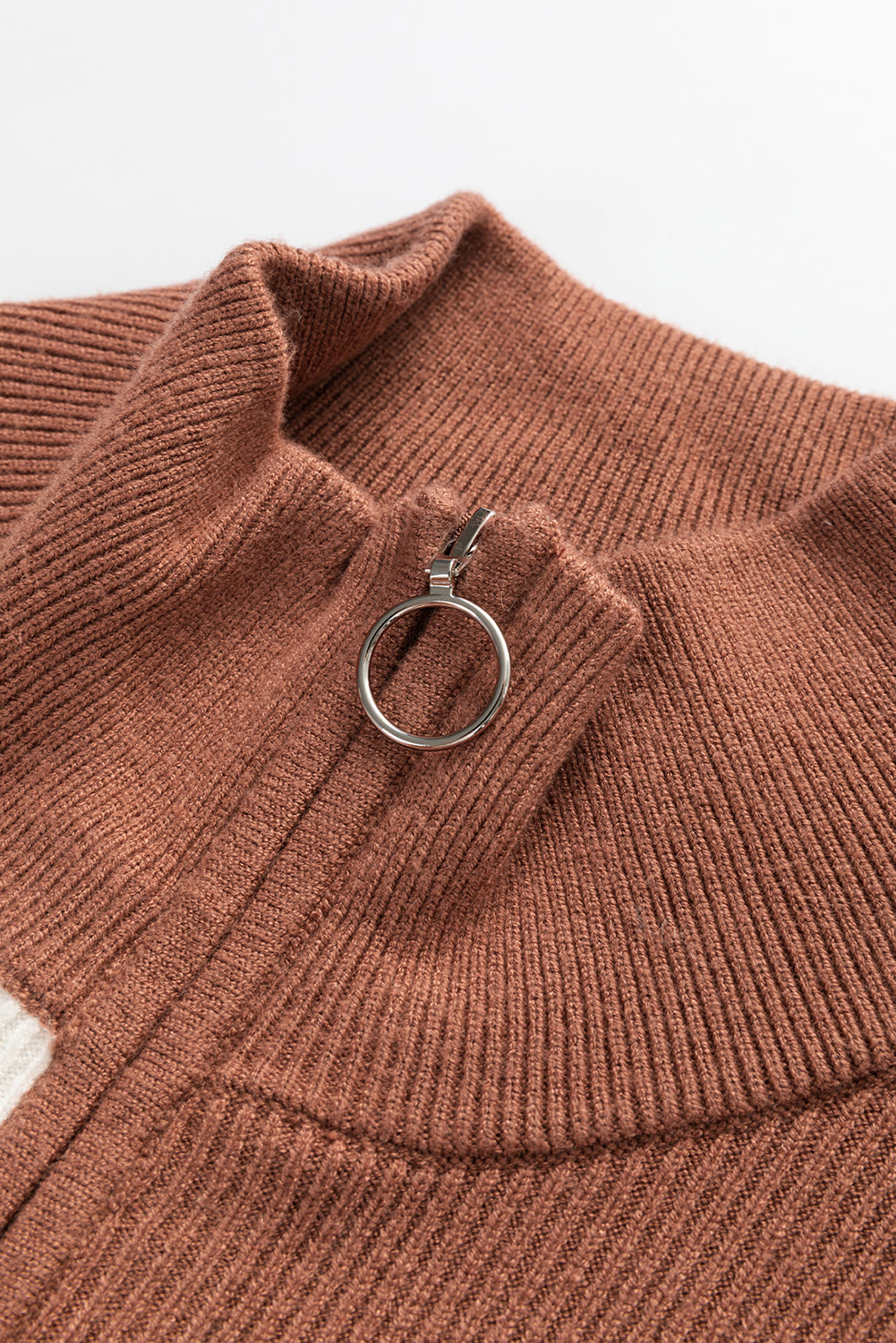 Khaki Stripe Colour Block Quarter Zip Collar Short Sleeve Sweater Dress eAura
