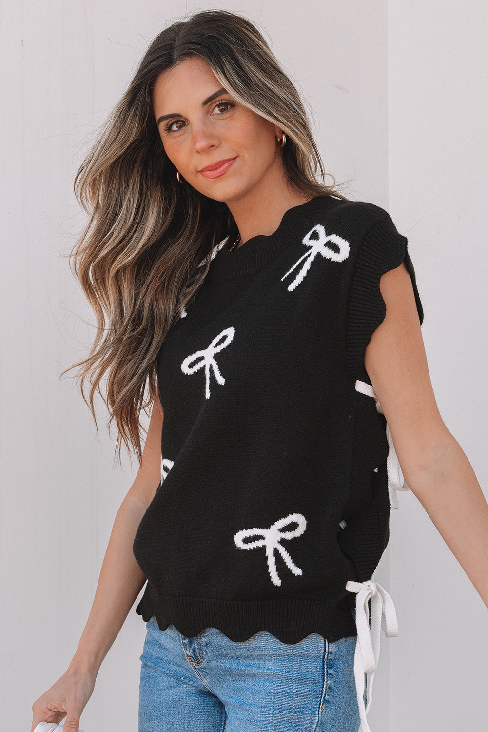 Black Bow Print Side Ties Scalloped Hem Sweater eAura