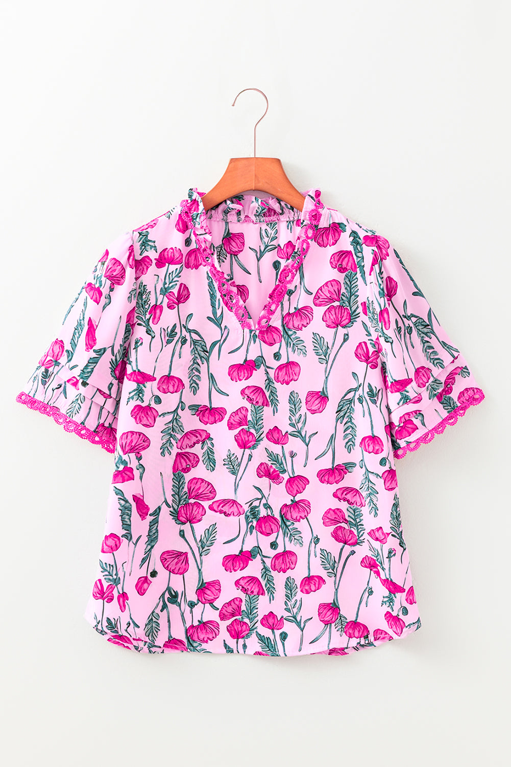 Pink Floral Lace Detail Frilled V Neck Summer Blouse Dear-Lover Dropshipping