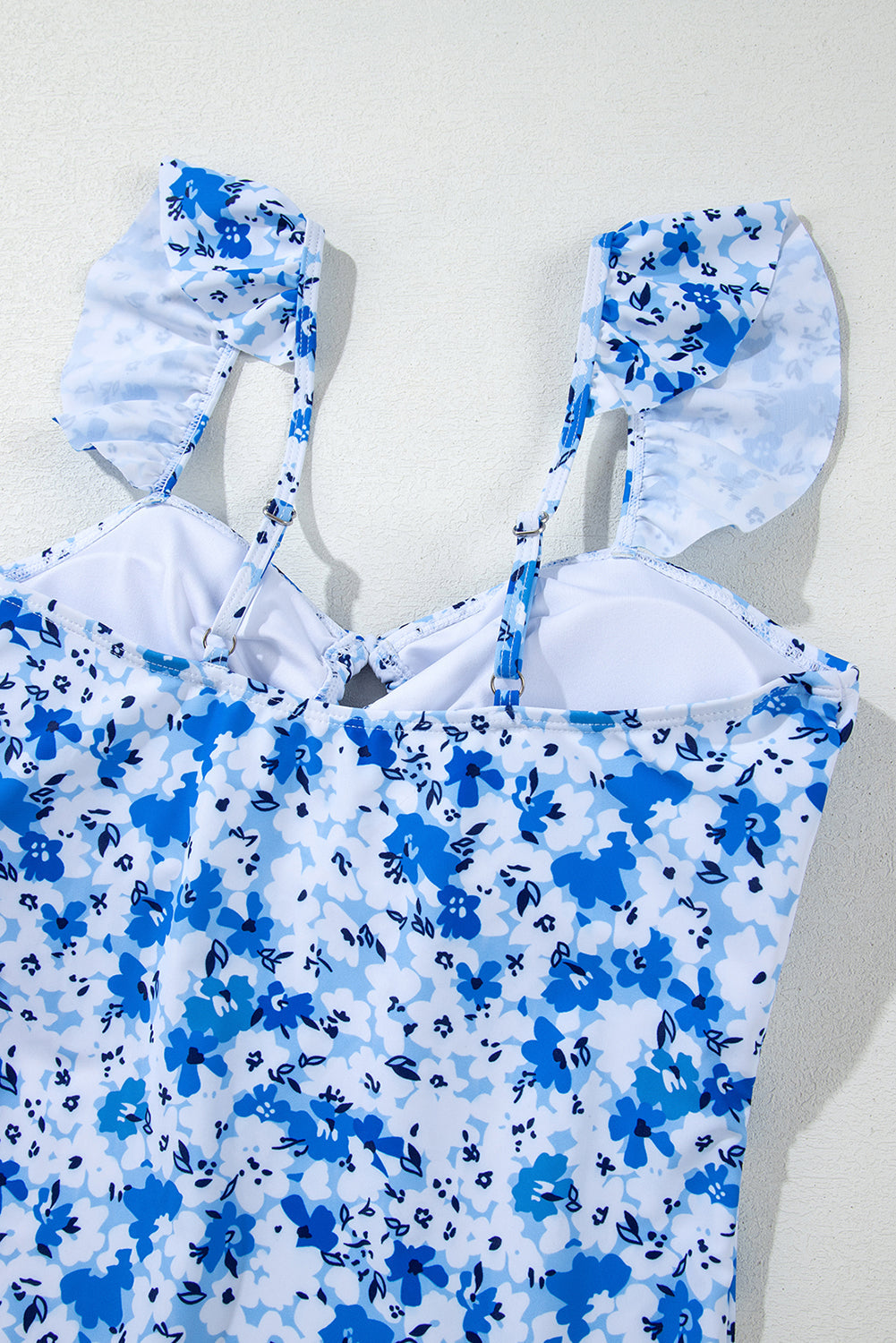 Blue Floral Ruffled Strap Lace-up Hollow Out One Piece Swimsuit eAura