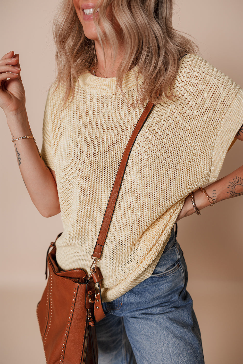 Oatmeal Solid Colour Batwing Short Sleeve Round Neck Knit T Shirt eAura