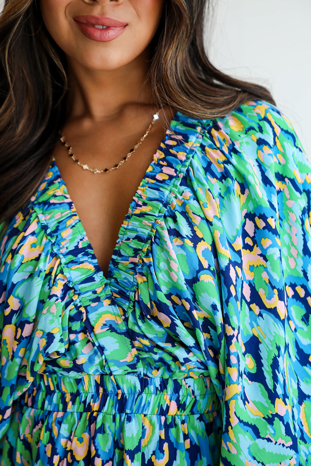 Green Abstract Print Puff Sleeve V Neck High Waist Romper eAura