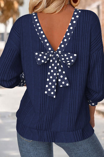 Polka Dot Trimmed V-Neck Bow Tie Textured Ribbed Top