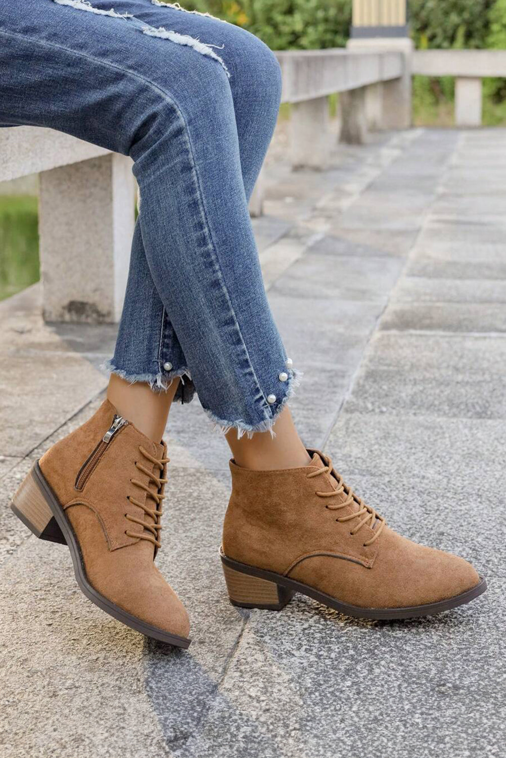 Chestnut Suede Zip Side Lace Up Ankle Boots - eAura