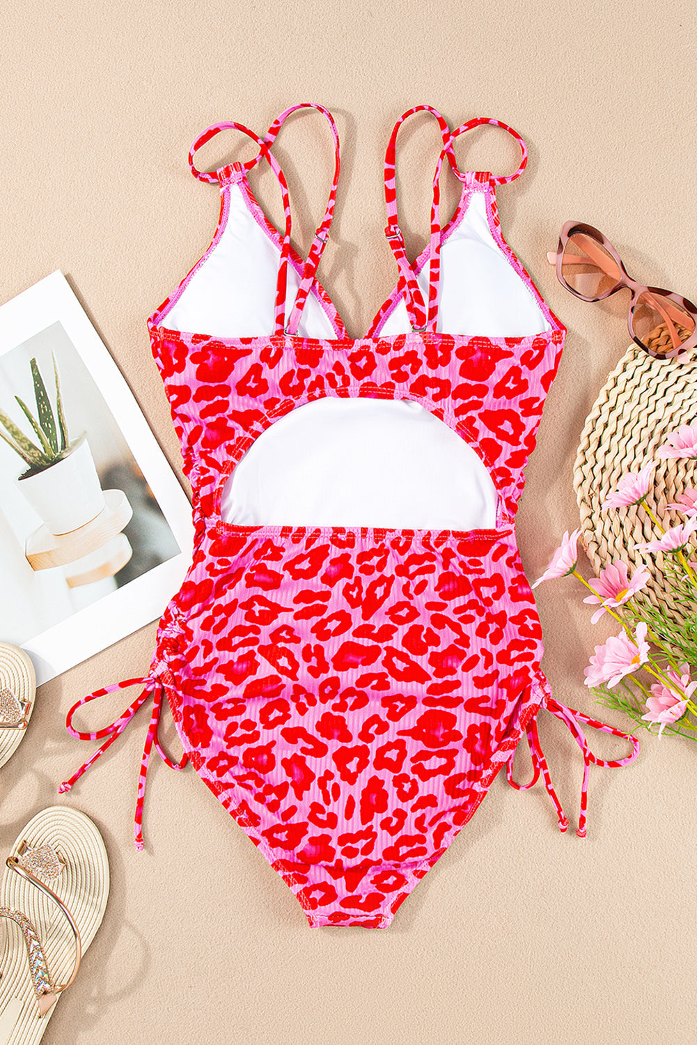 Leopard Orange Adjustable Straps Ribbed Knit One Piece Swimsuit BB Fashion Outlet