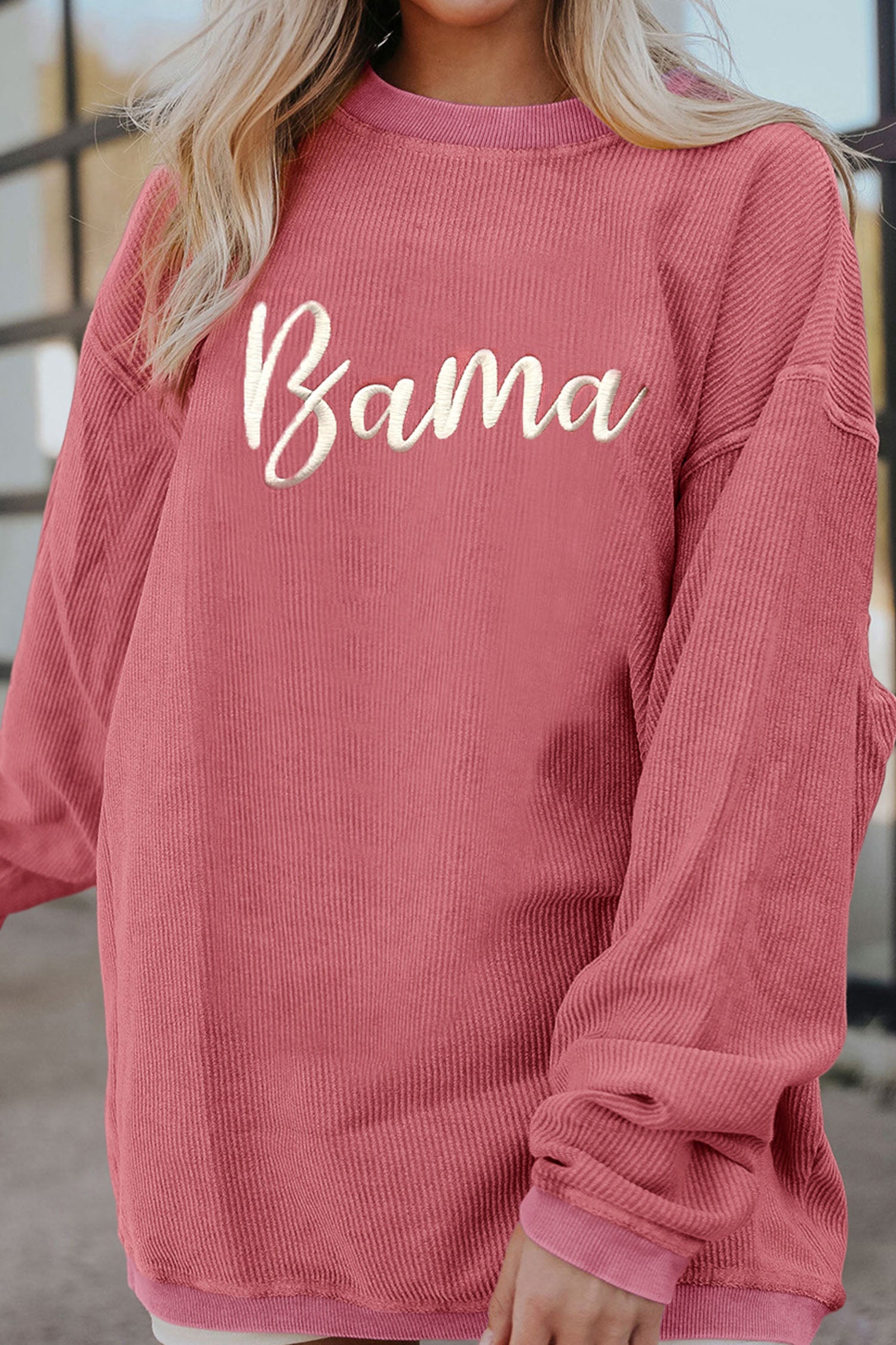 Pink Ribbed Bama Embroidered Letter Graphic Sweatshirt - Graphic/Graphic Sweatshirts