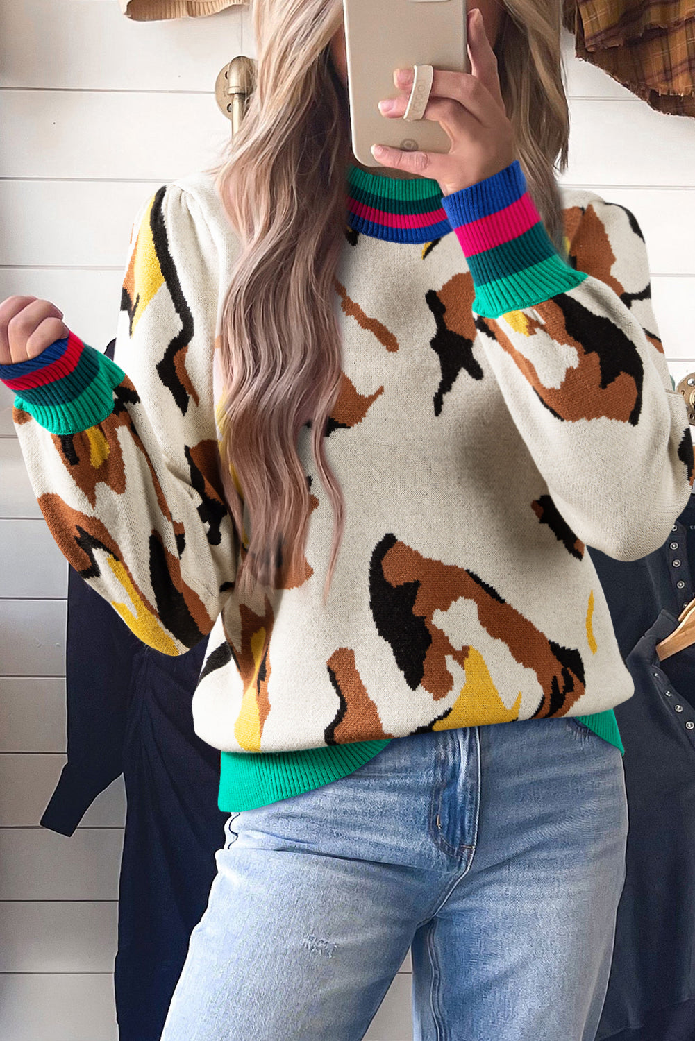 Contrast Ribbed Stripes Detail Animal Pattern Knit Sweater Dear-Lover Dropshipping