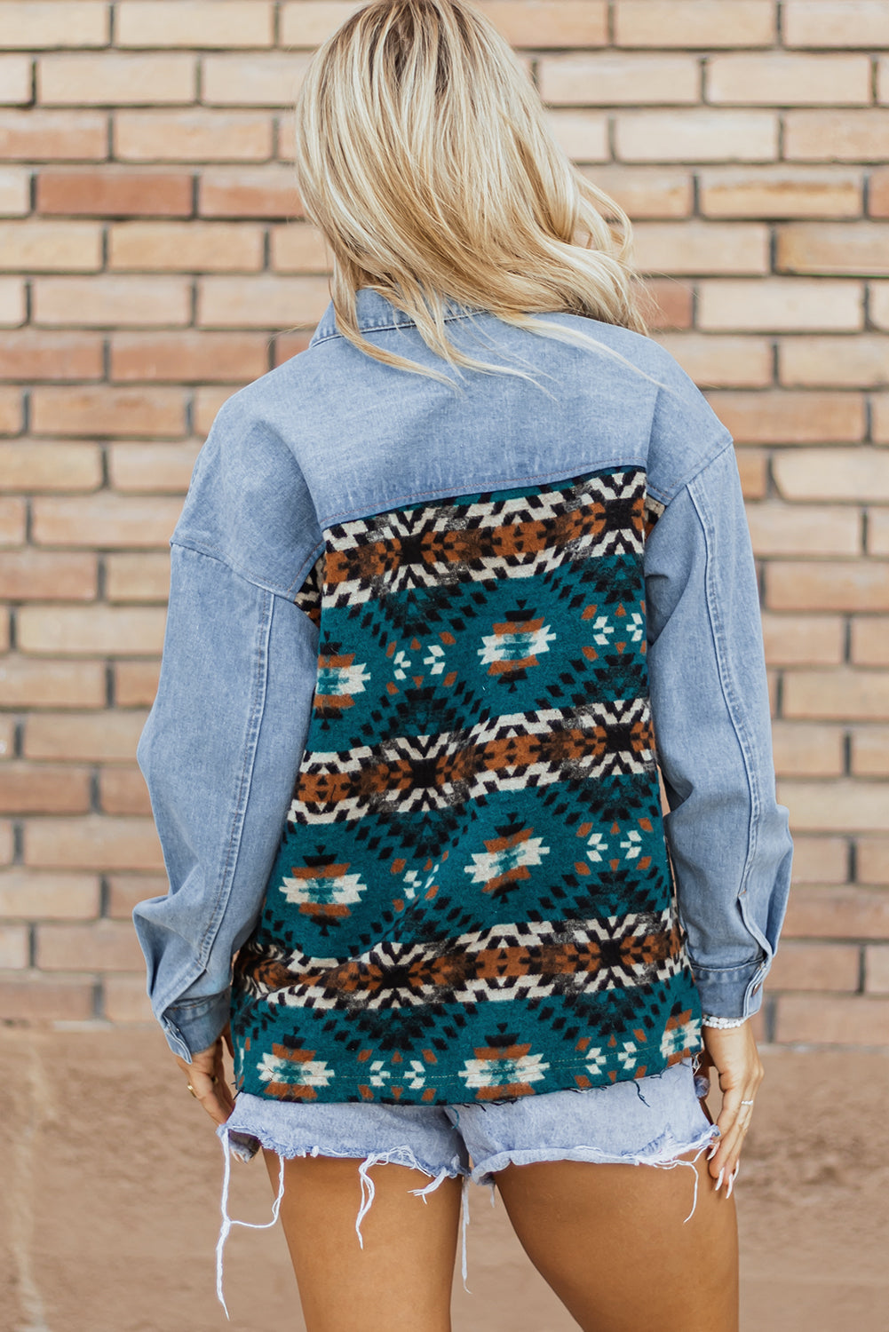 Blue Aztec Printed Denim Jacket Beagle Boutique Fashion Outlet
