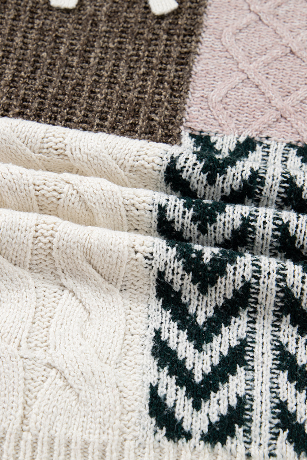 Brown Plus Size Color Block Patchwork Knotted Back Loose Fit Sweater - eAura