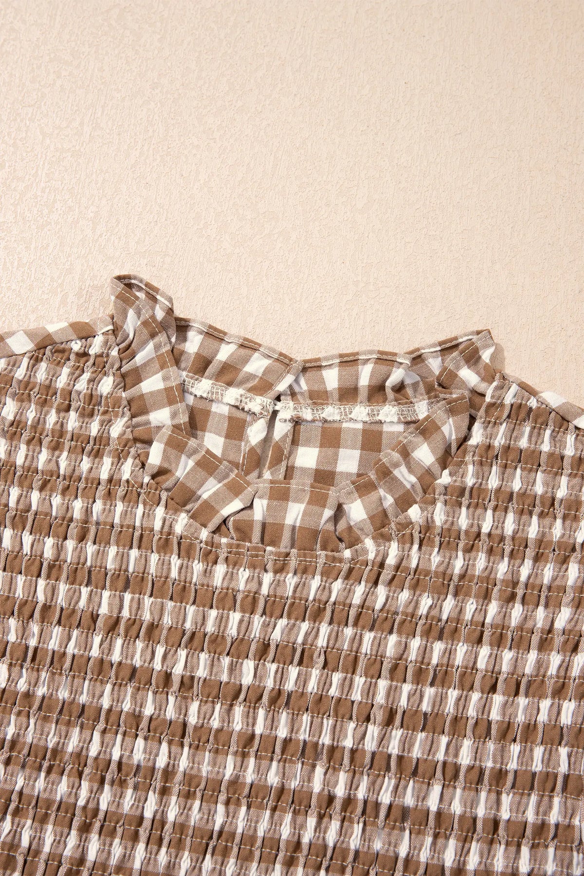 3/4 Sleeve Shirred Plaid Peplum Top – Brown