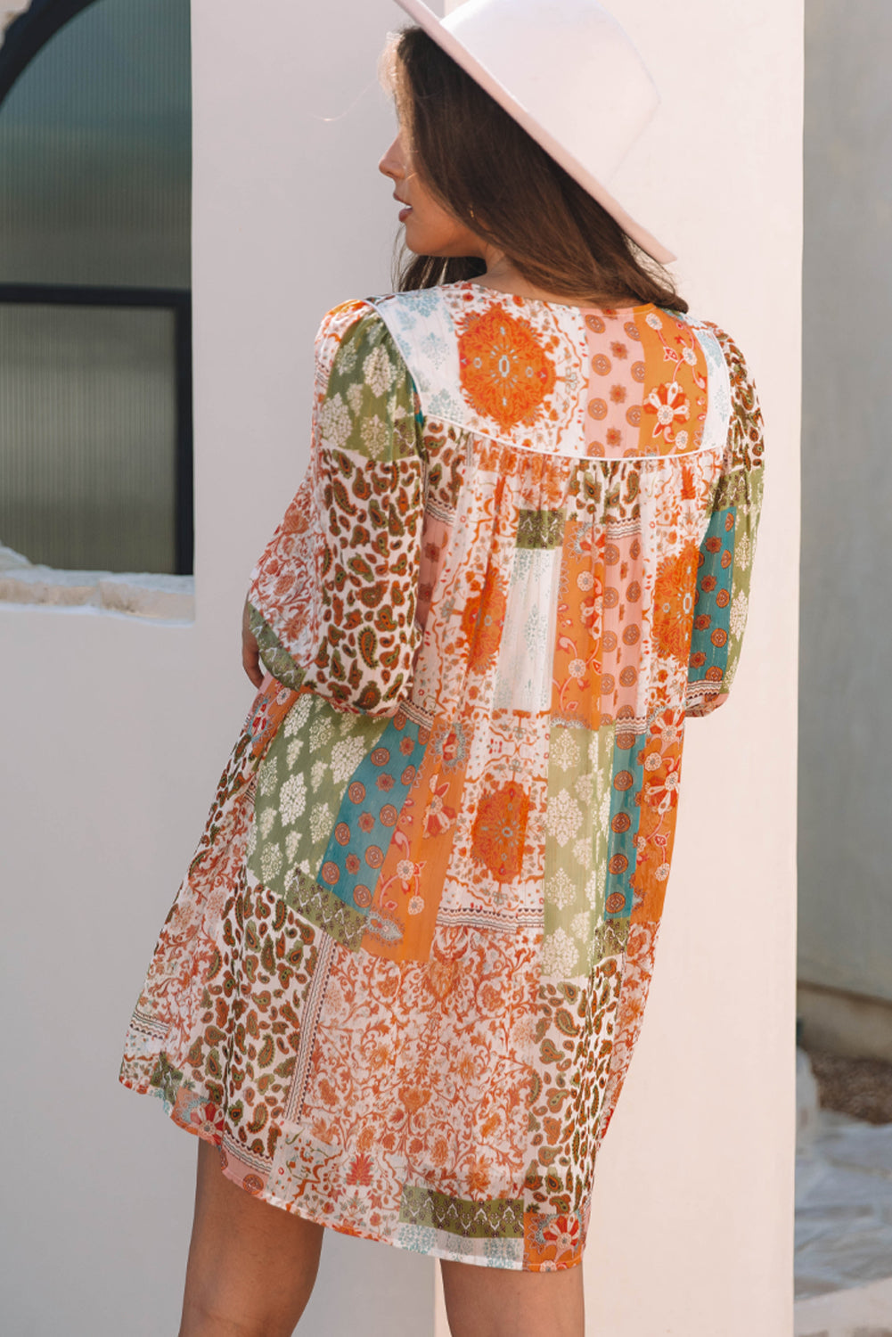 Orange Boho Paisley Mixed Print 3/4 Sleeve Chiffon Loose Dress eAura