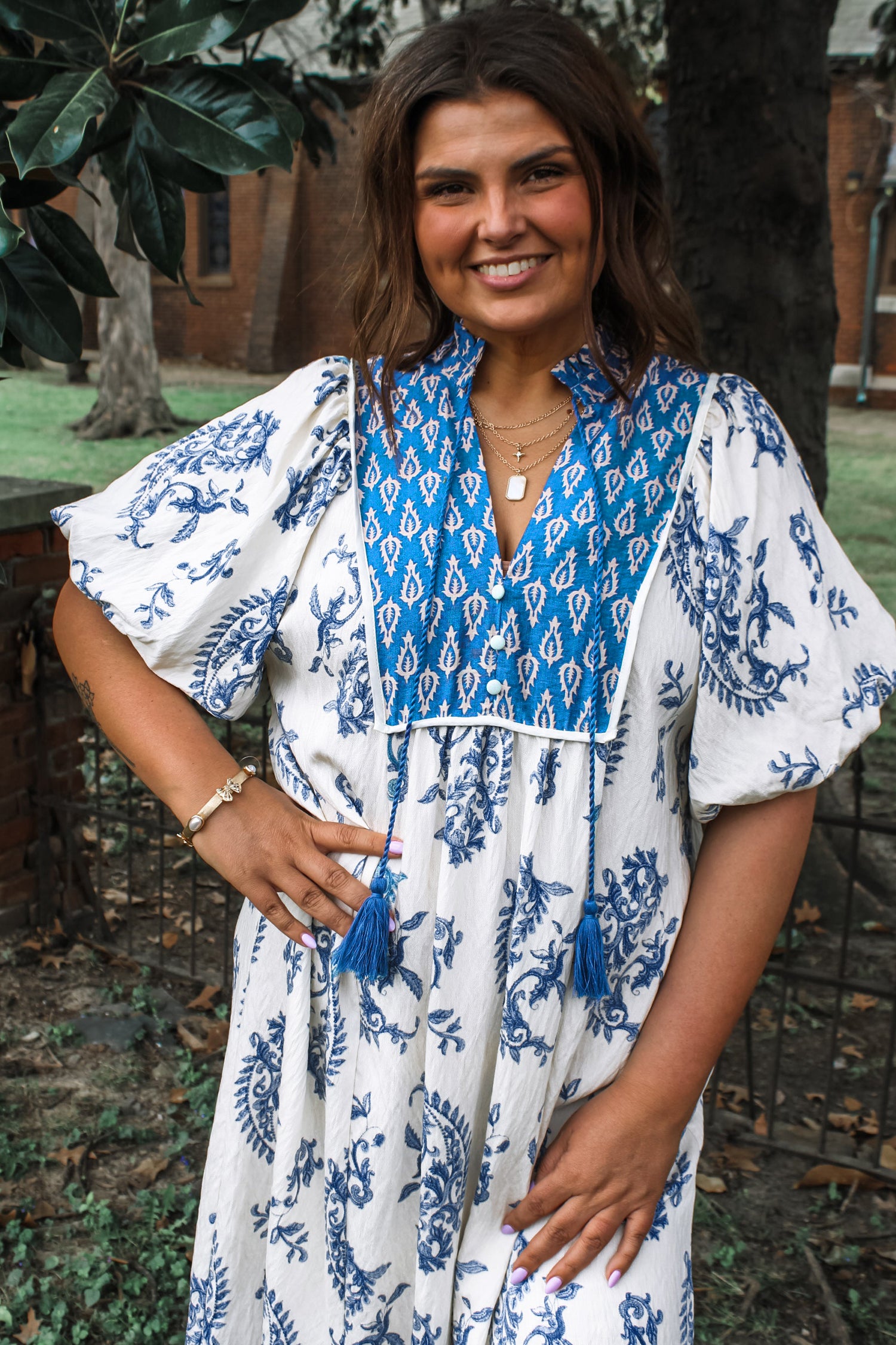 Sky Blue Boho Abstract Print Tassel Tie Maxi Dress