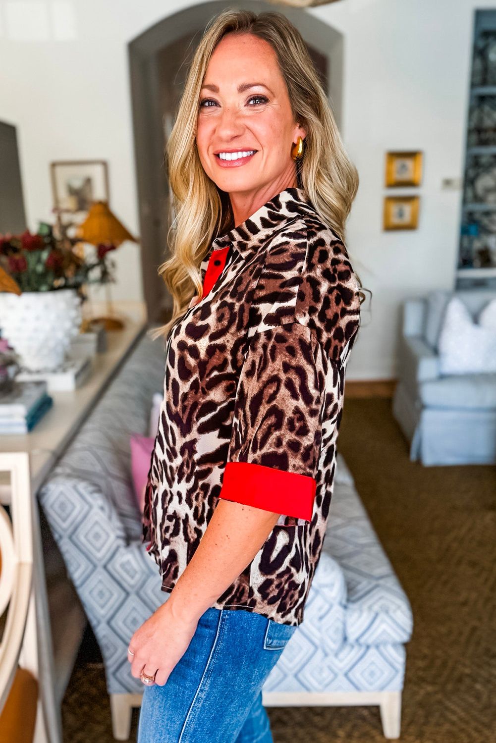 Dark Brown Contrast Trim Patchwork Leopard Print Half Sleeve Shirt eAura