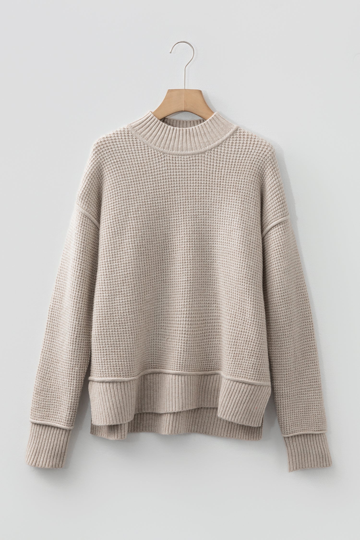 Waffle Texture Knit Ribbed High Neck Drop Shoulder Sweater - eAura
