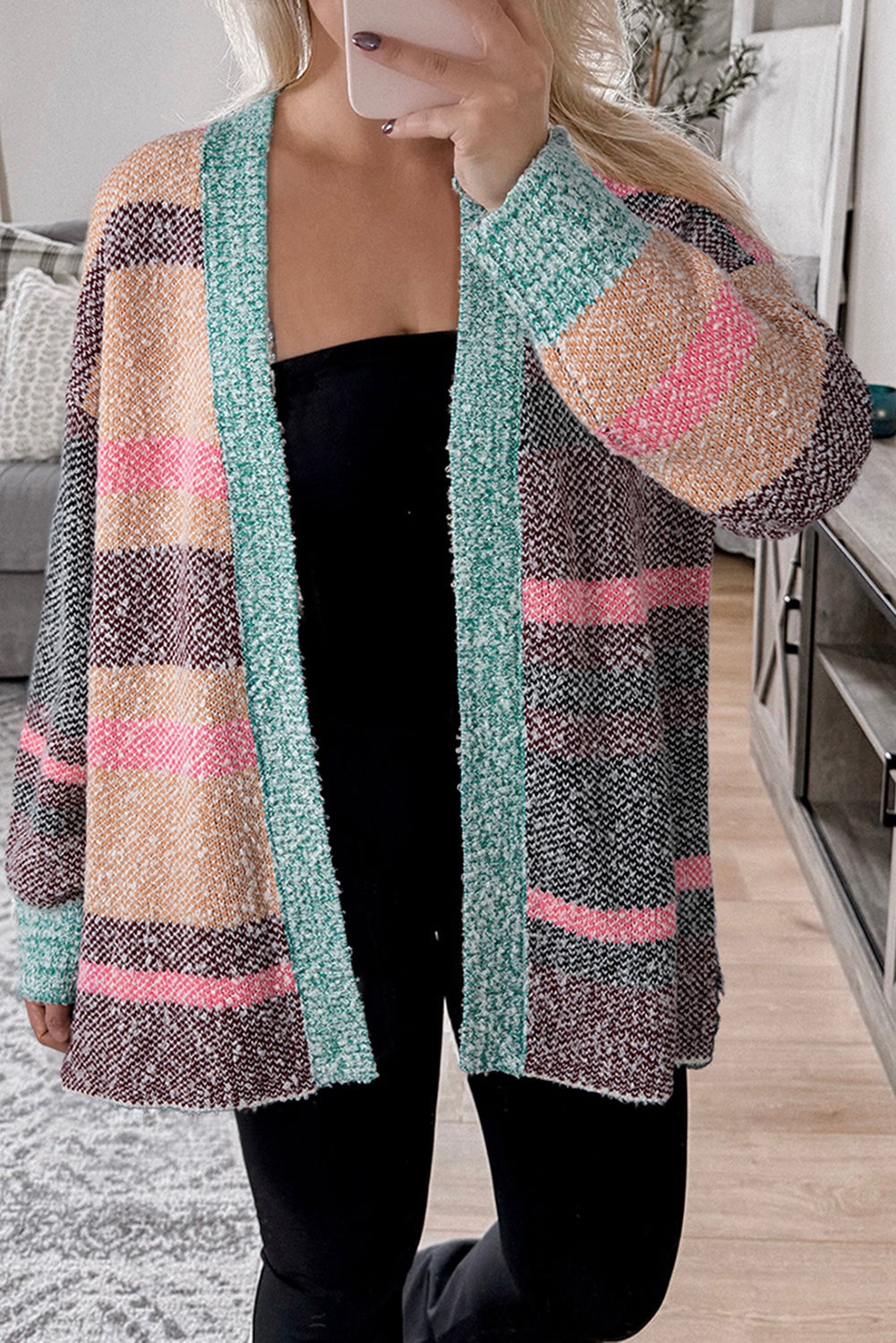 Multicolour Color Block Striped Side Slit Open Front Cardigan Dear-Lover Dropshipping