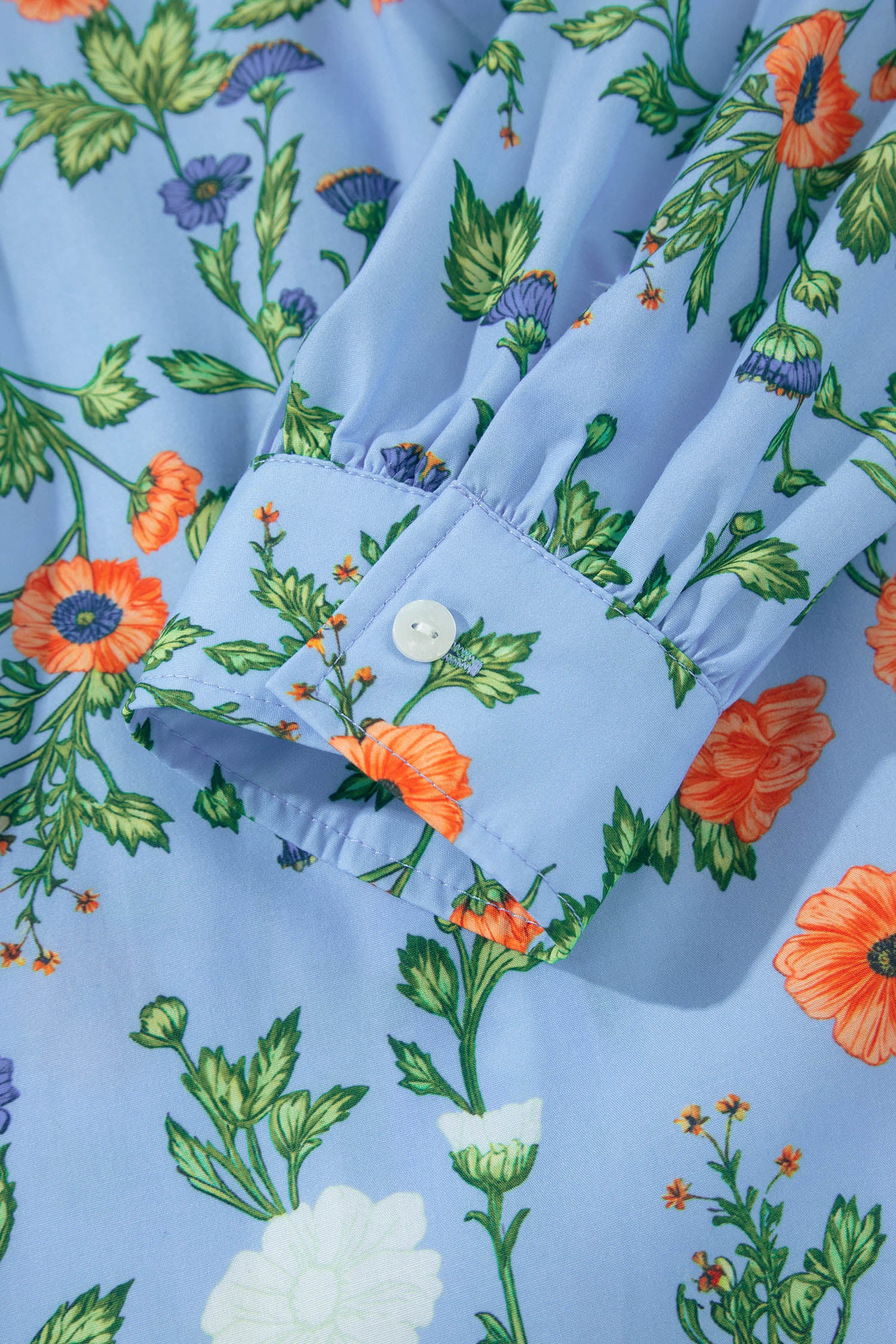 Sky Blue Floral Print Bracelet Sleeve Button Down Casual Shirt – Light Blue