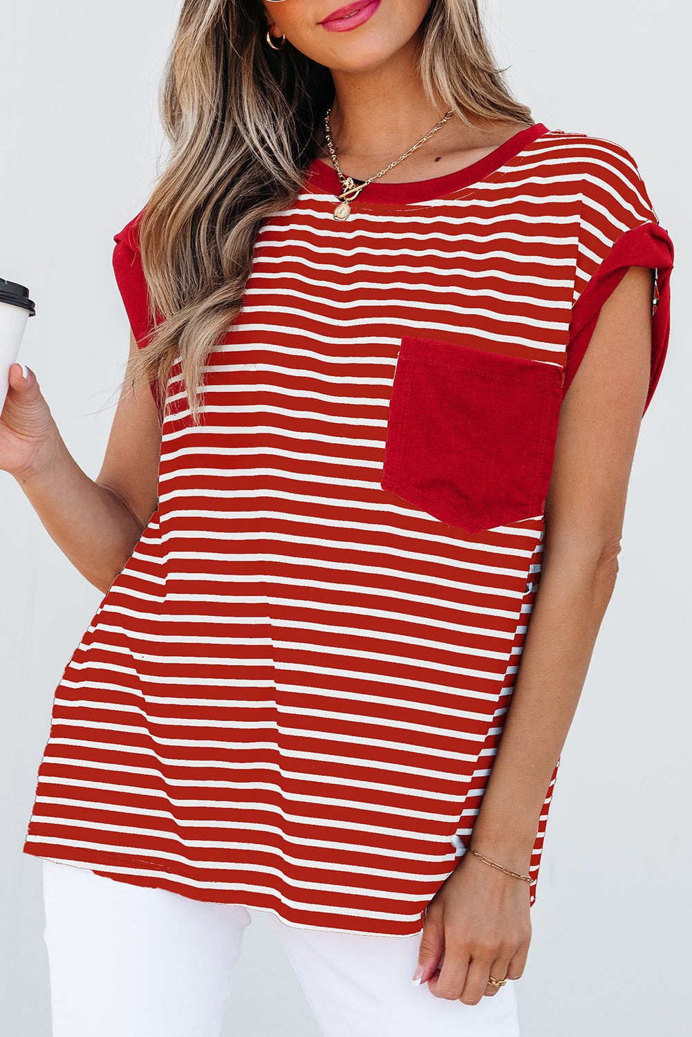 Red Stripe Chest Pocket Patch Round Neck Tank Top eAura