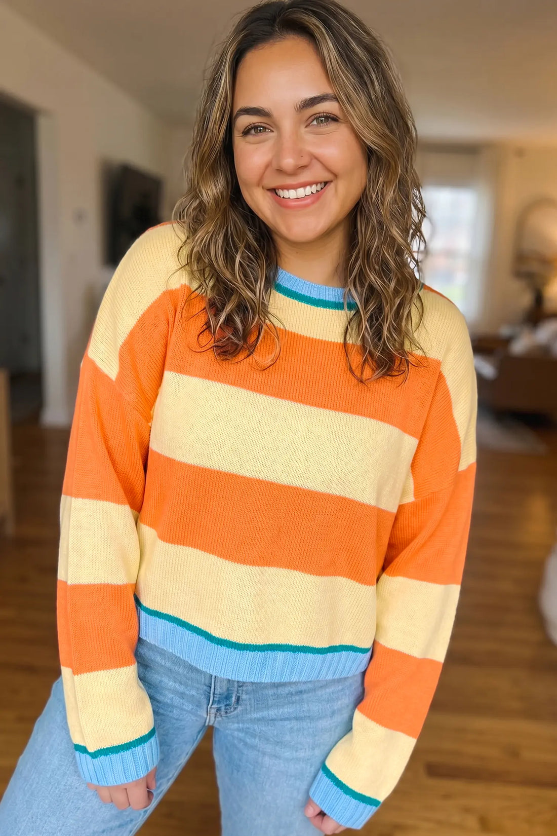 Striped Colourblock Round Neck Long Sleeve Oversized Plus Size Sweater