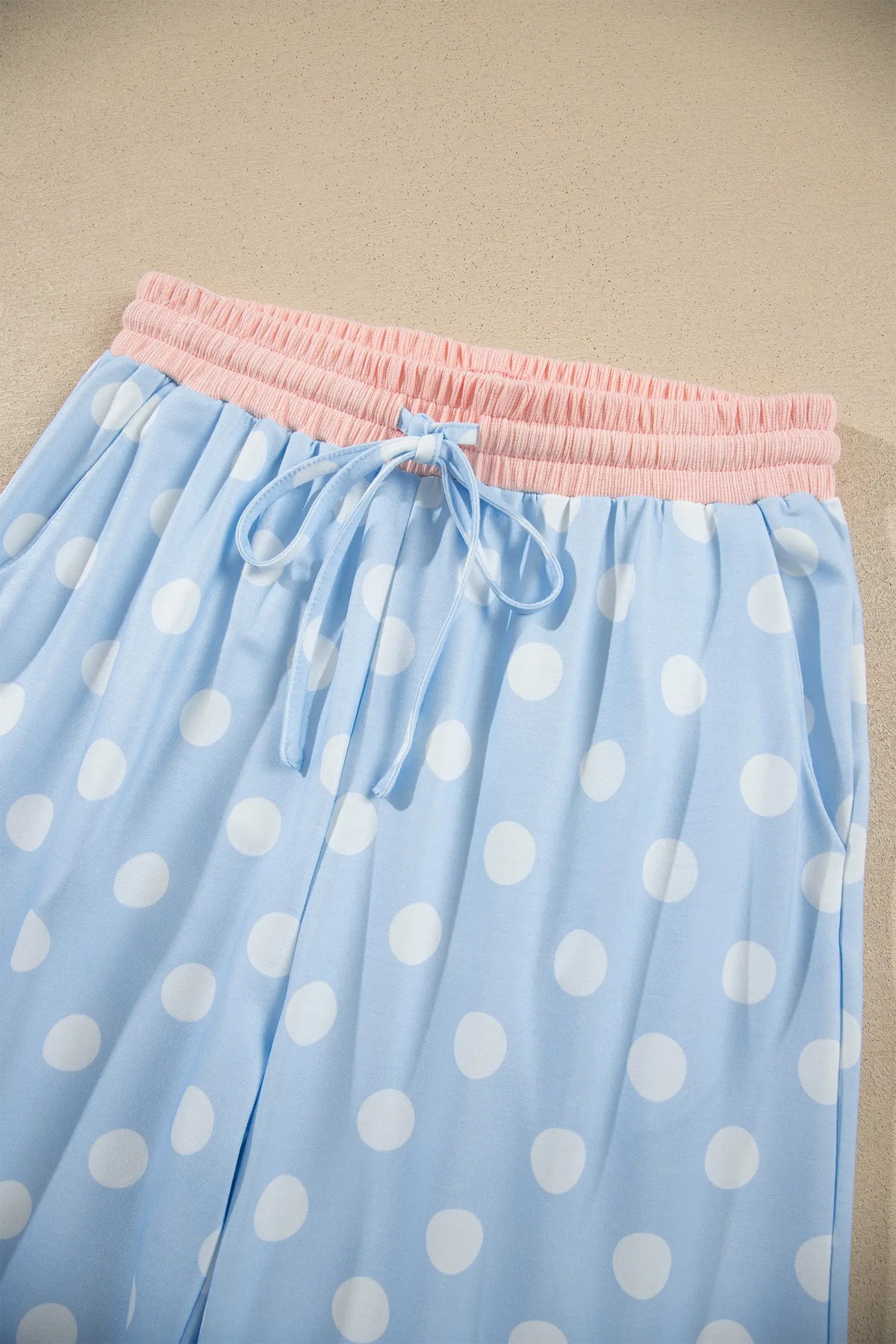 Polka Dot Contrast Trim Long Sleeve Top Drawstring Shift Pants Set – Pink