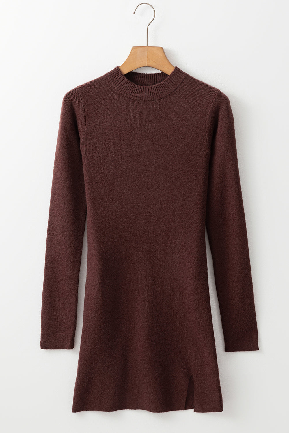 Coffee Slim Fit Mock Neck Side Slit Sweater Dress Beagle Boutique Fashion Outlet