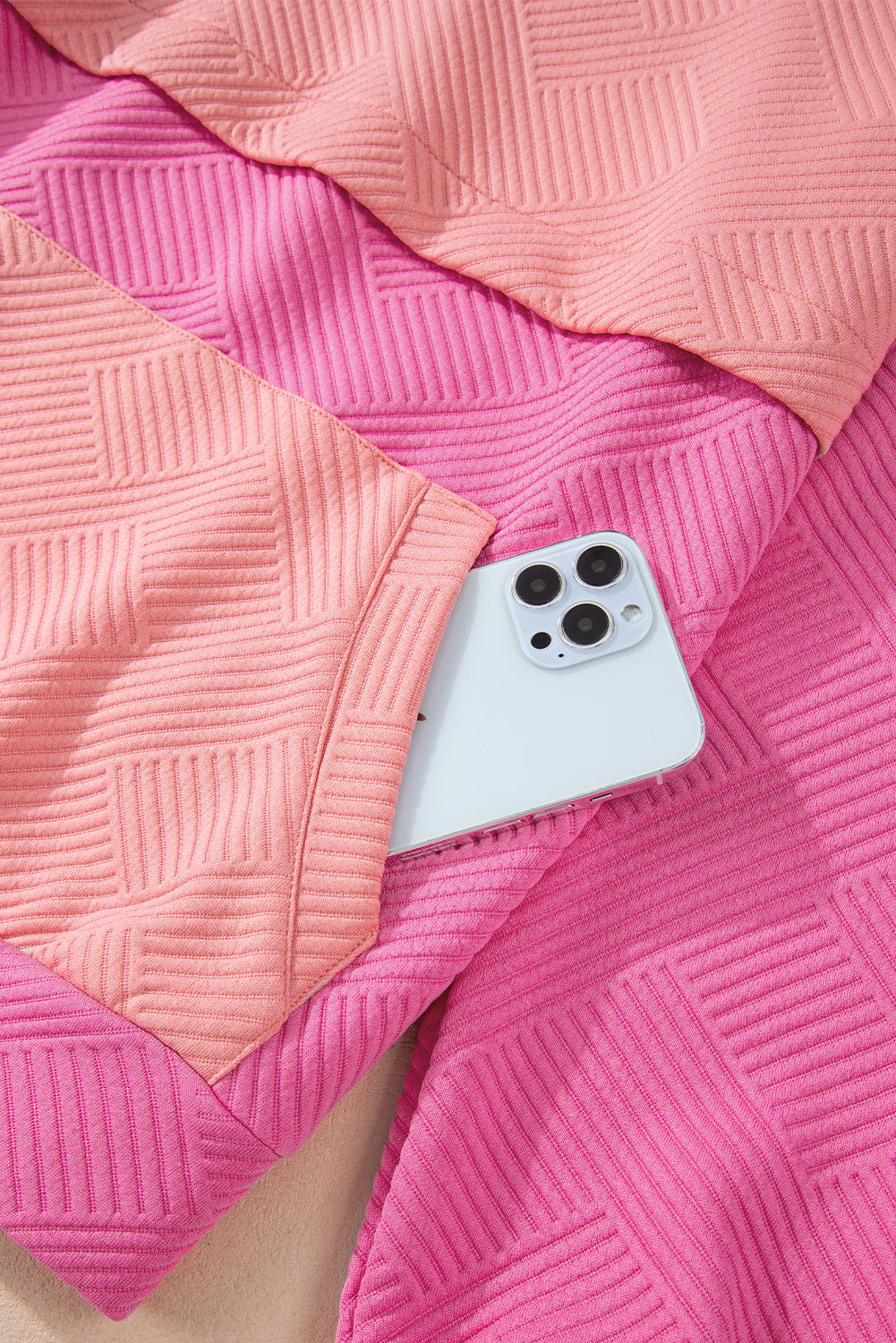 Pink Textured Colour Block Kangaroo Pocket Drop Shoulder Hoodie eAura