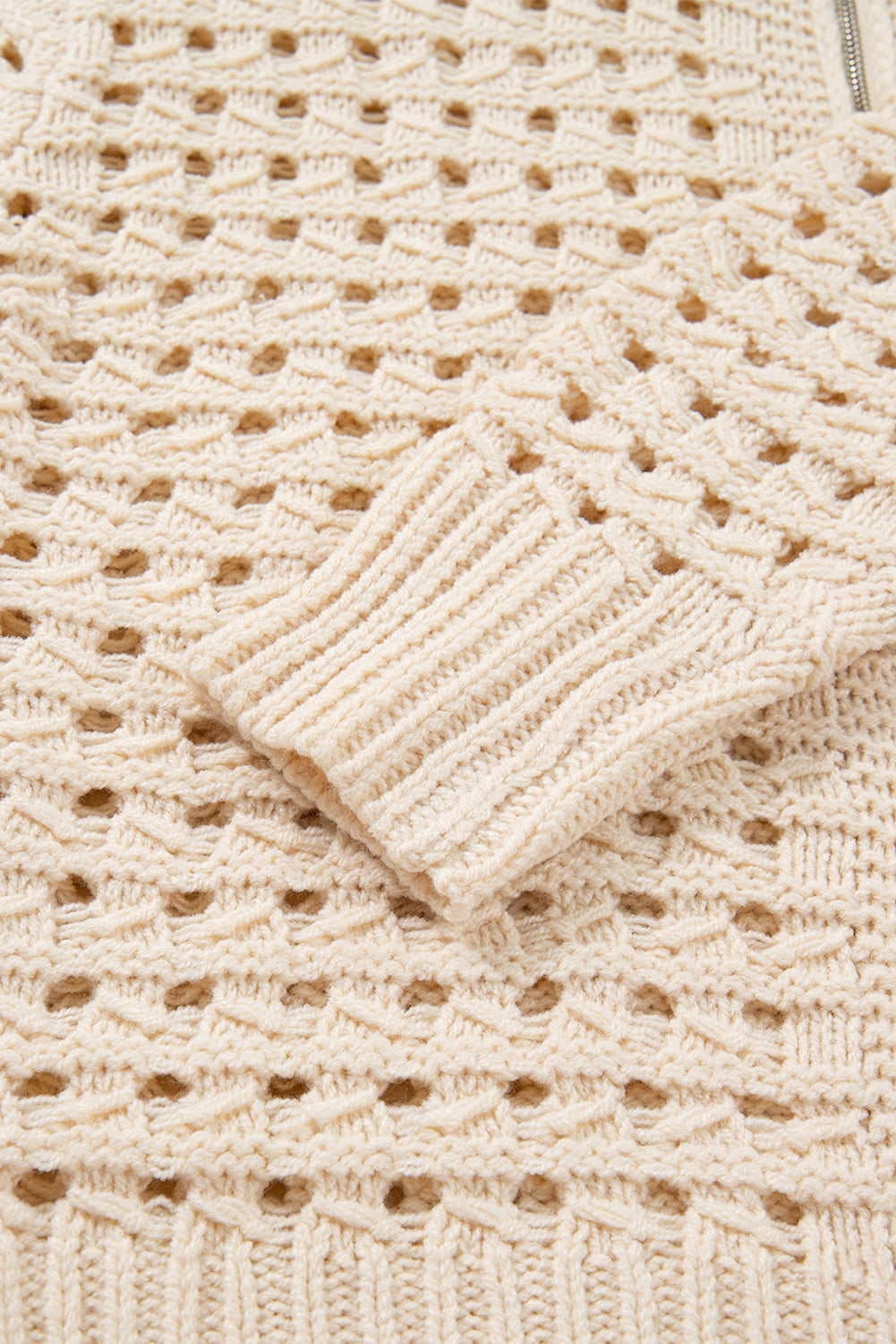 Beige Hollowed Knit Zip-Up Drop Shoulder Cardigan - eAura