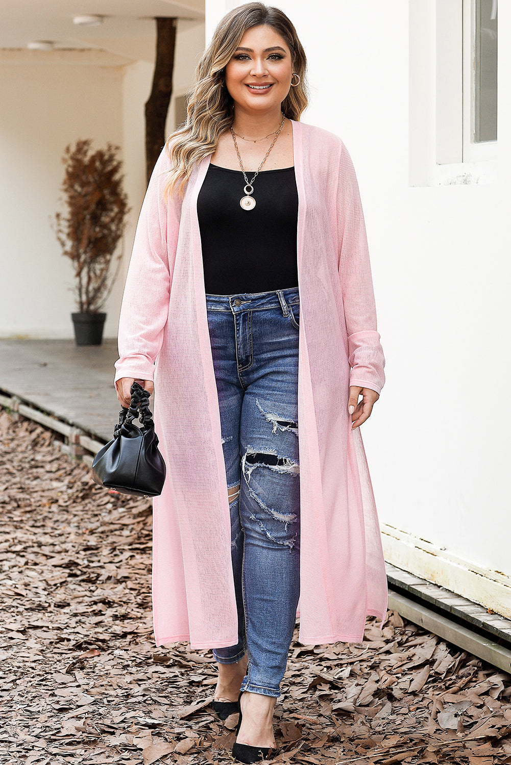 Pink Sheer Knitted Long Side Slit Plus Size Cardigan BB Fashion Outlet