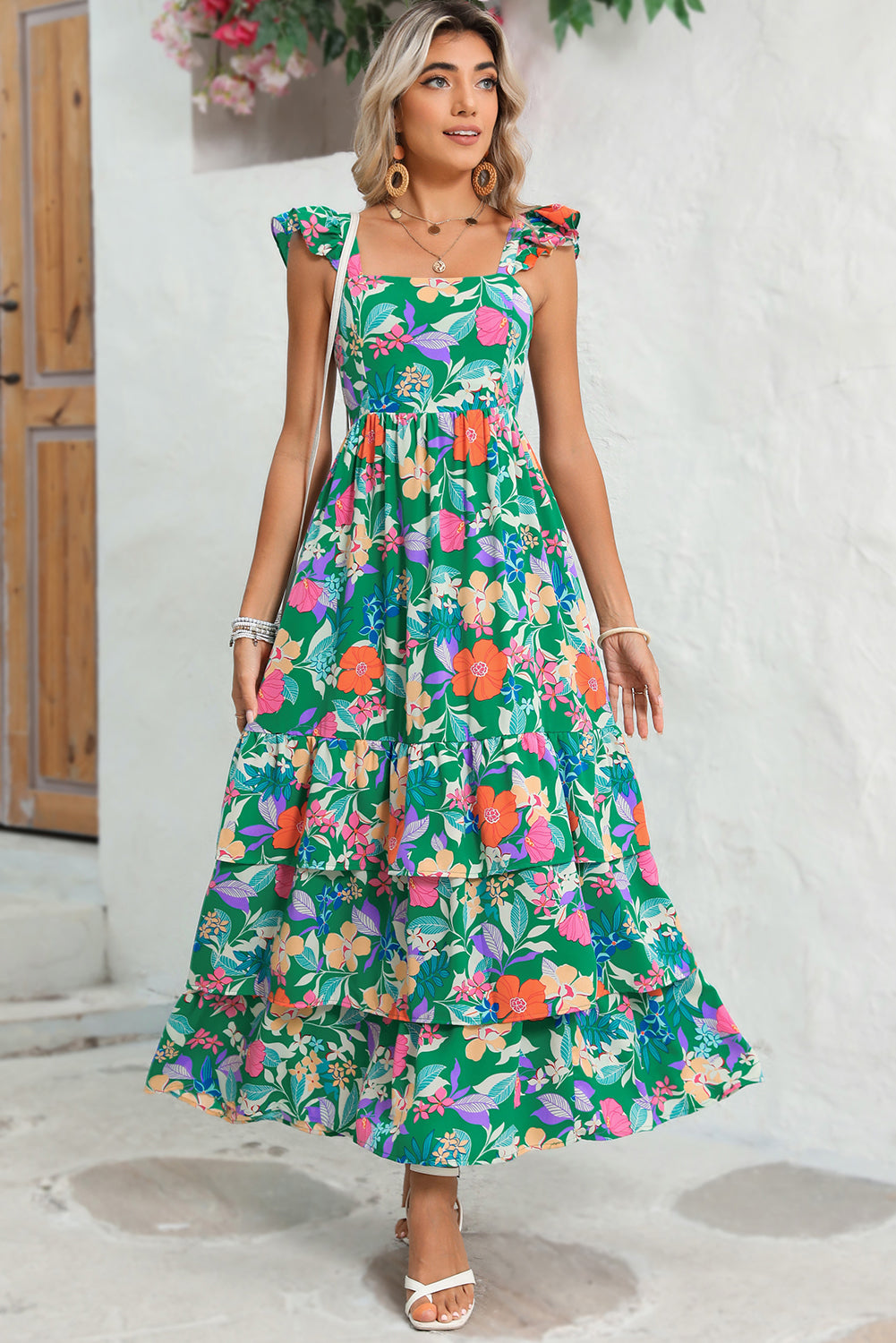 Floral Print Ruffle Sleeveless Tiered Maxi Dress