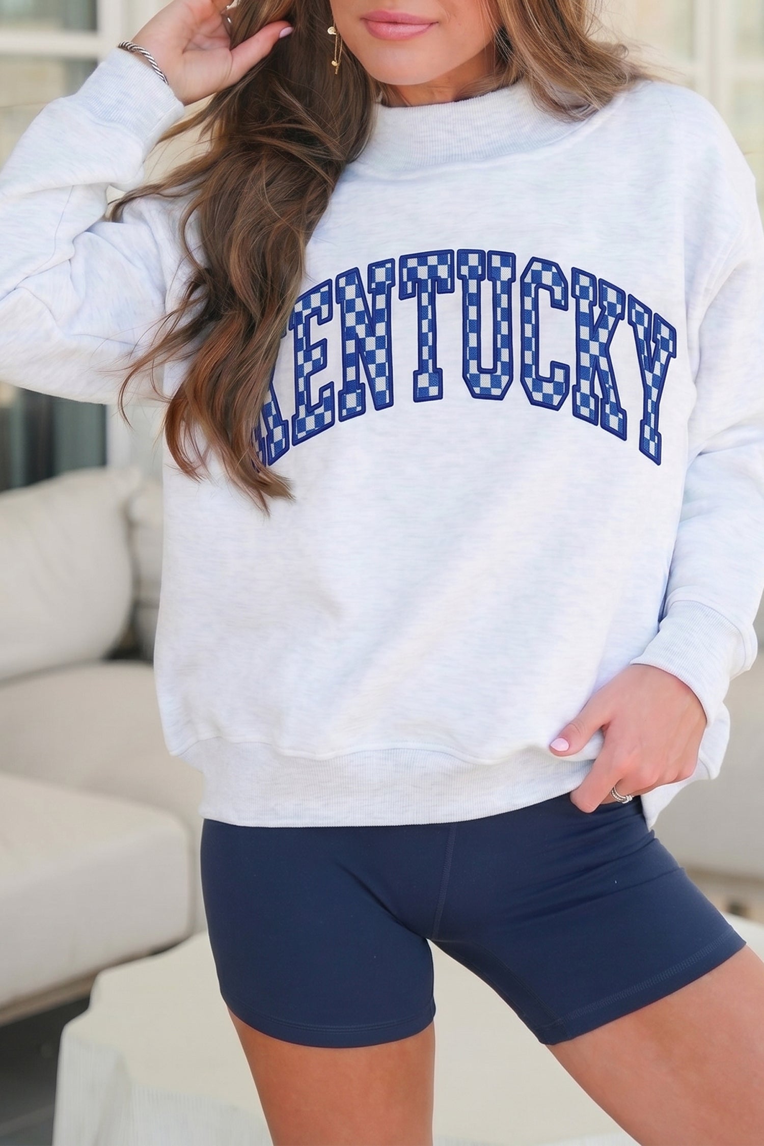High Neck Embroidered Checkered Letter Game Day Sweatshirt – Light Grey