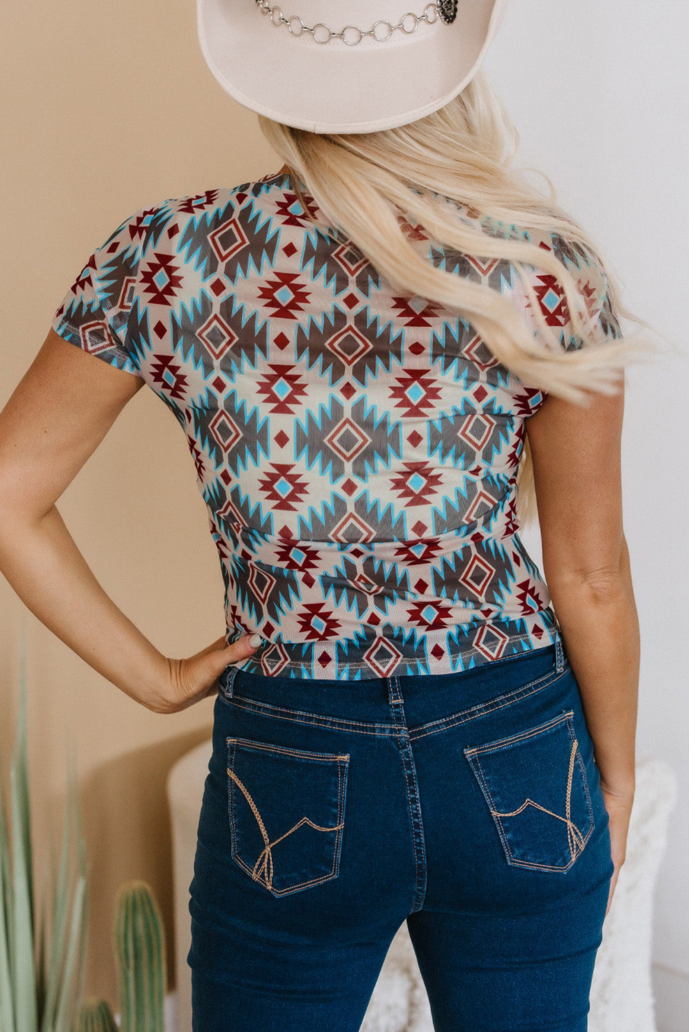 Blue Western Aztec Print Mesh Slim T Shirt eAura