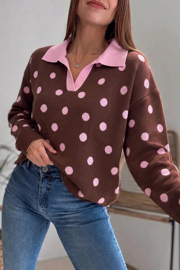 Polka Dot Pattern Color Block Collared Loose Pullover Sweater – Pink