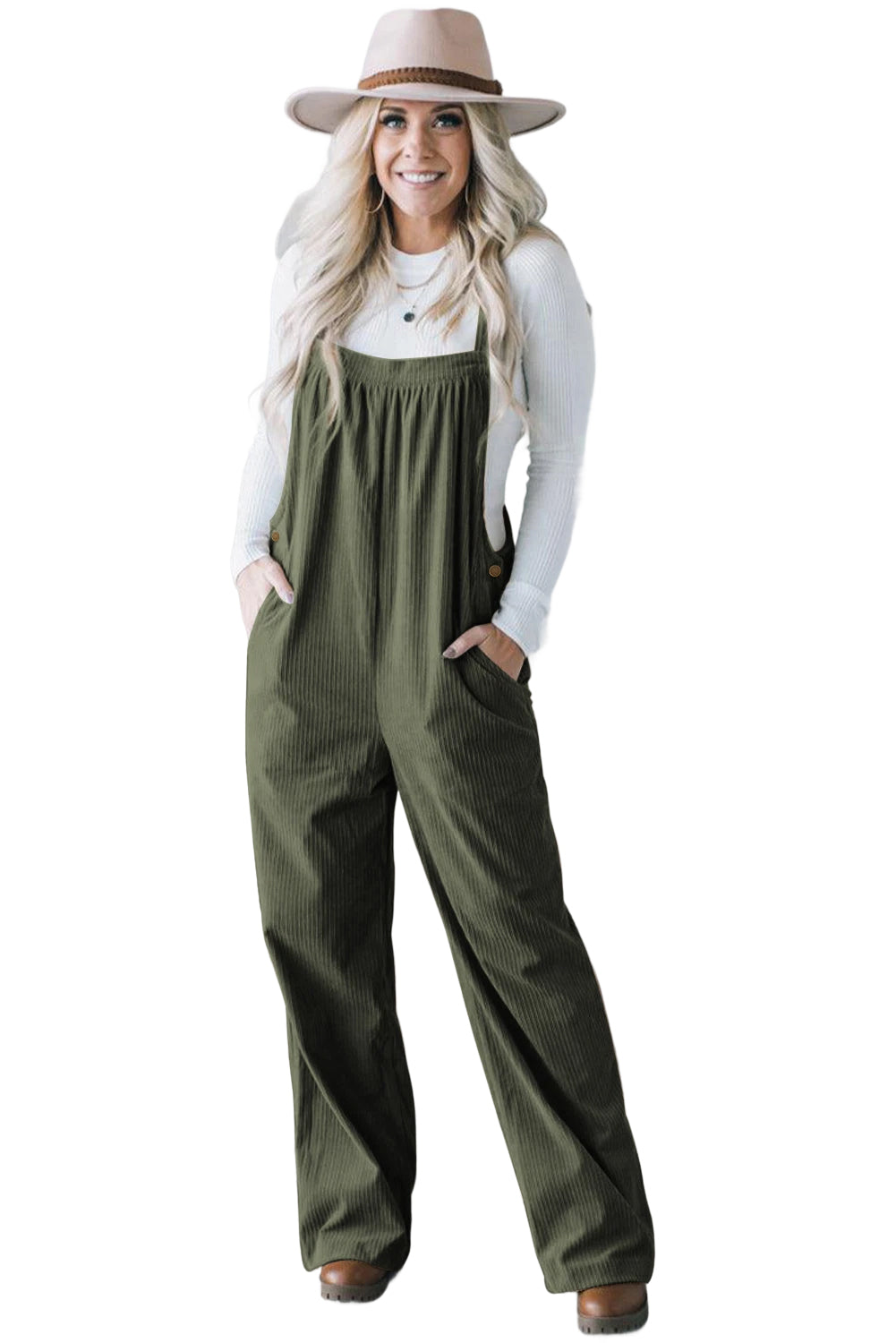 Button Adjustable Straps Solid Color Corduroy Jumpsuit – Jungle Green