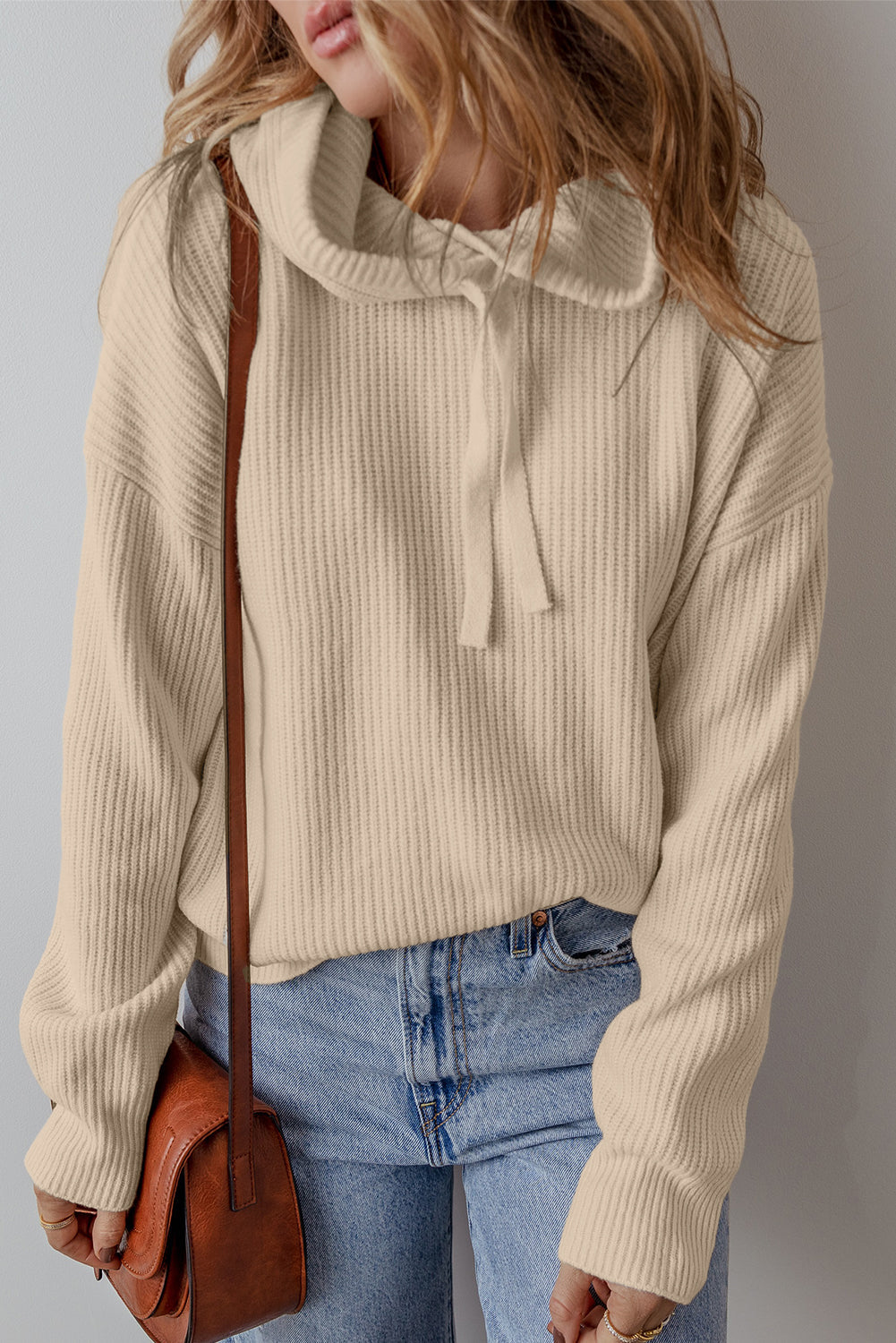 Beige Solid Colour Drawstring Hooded Drop Shoulder Pullover Sweater eAura