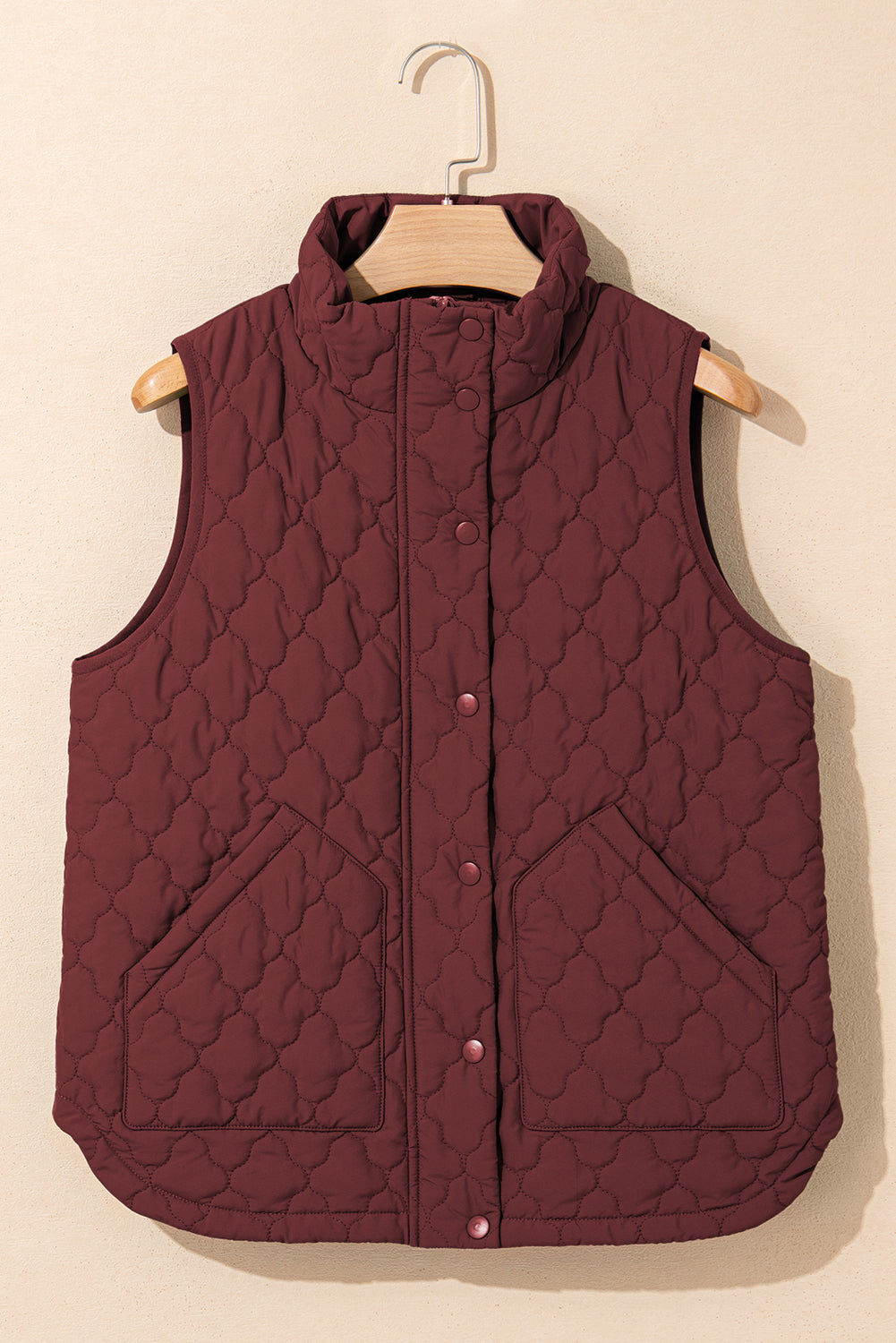 Black Flower Shape Quilted Snap Button Zip Up Winter Vest - eAura