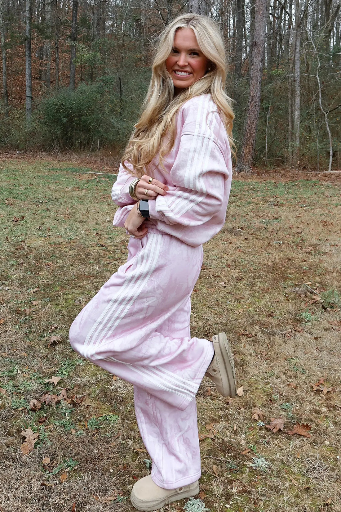 Abstract Print Side Stripe Detail Long Sleeve Top Loose Pants Set