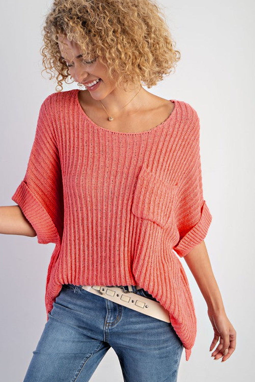 Rolled Cuffs Loose Knit Tee with Slits eAura