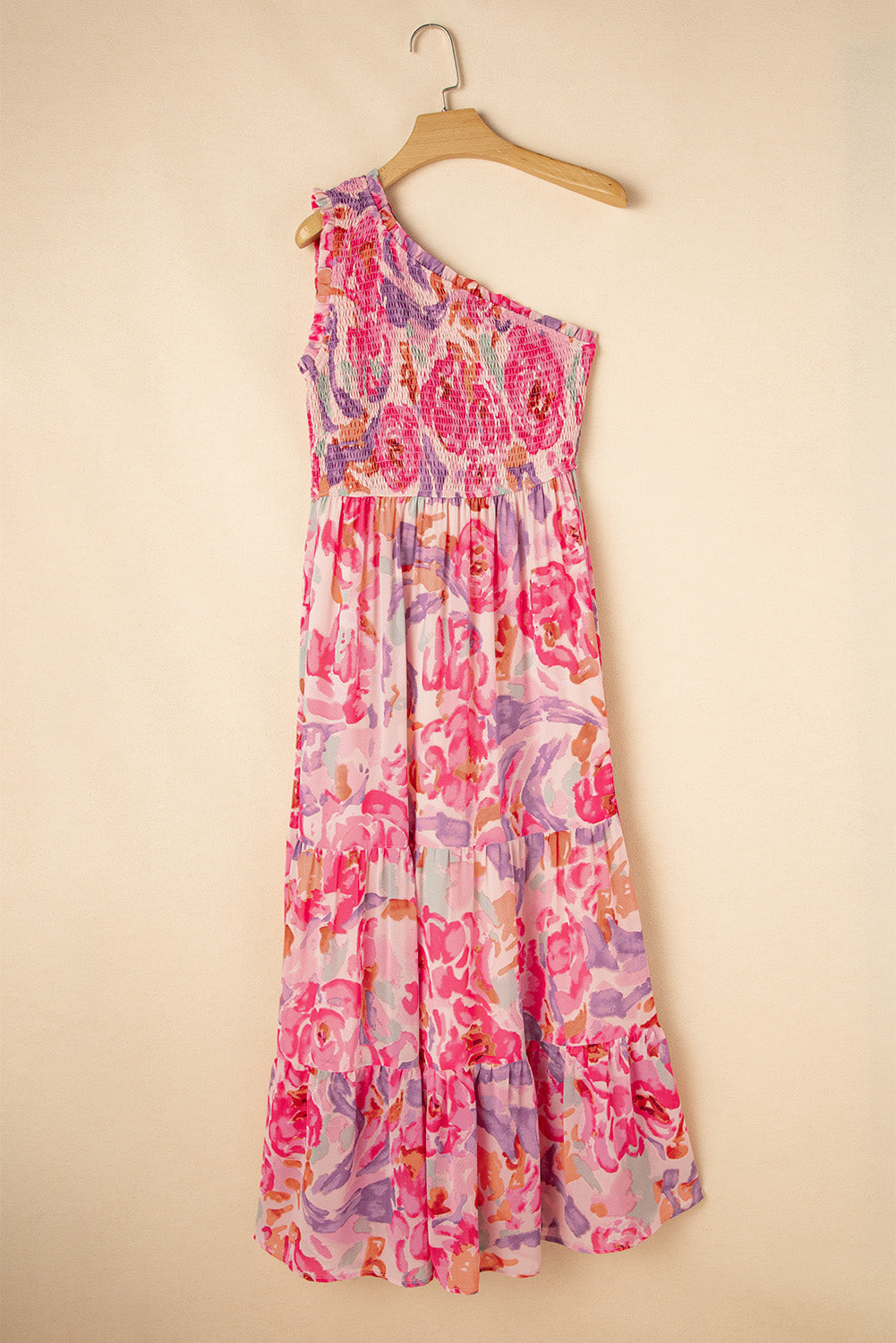 Pink Abstract Floral Print Shirred One Shoulder Maxi Dress eAura