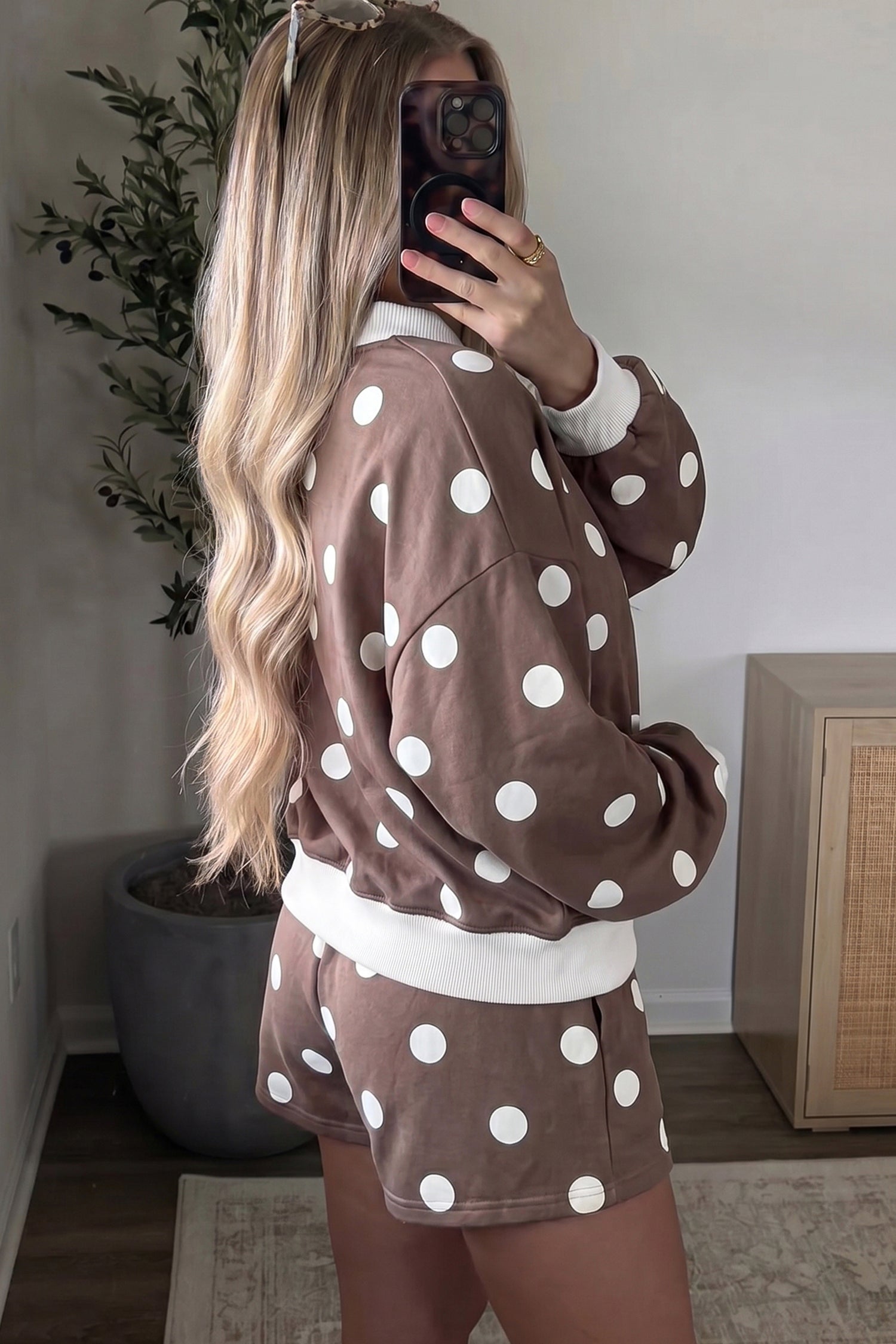 Polka Dot Ribbed Trim Long Sleeve Top Casual Short Set – Brown