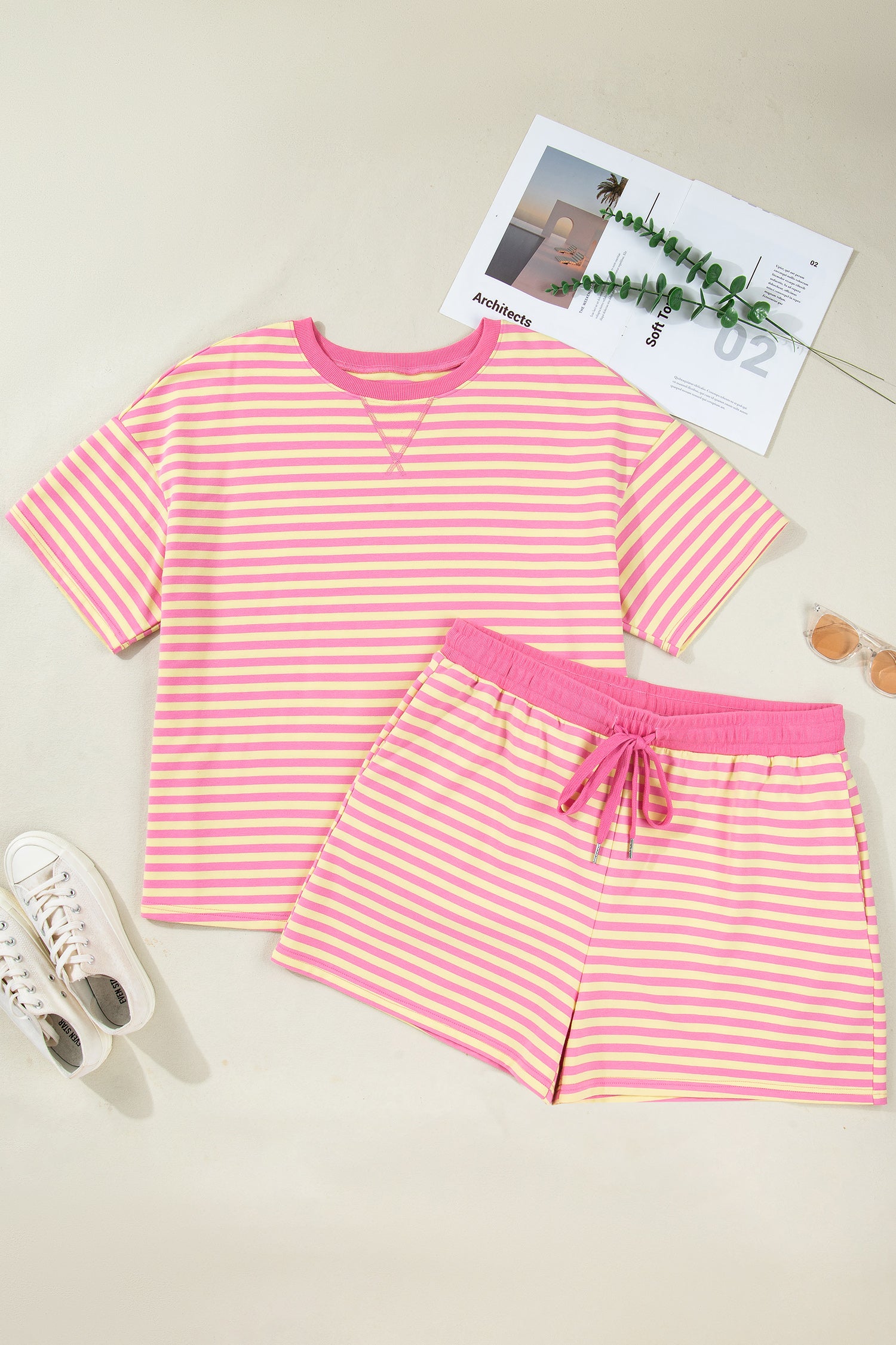 Stripe Boxy Tee Drawstring Elastic Waist Plus Size Short Co-ord Set