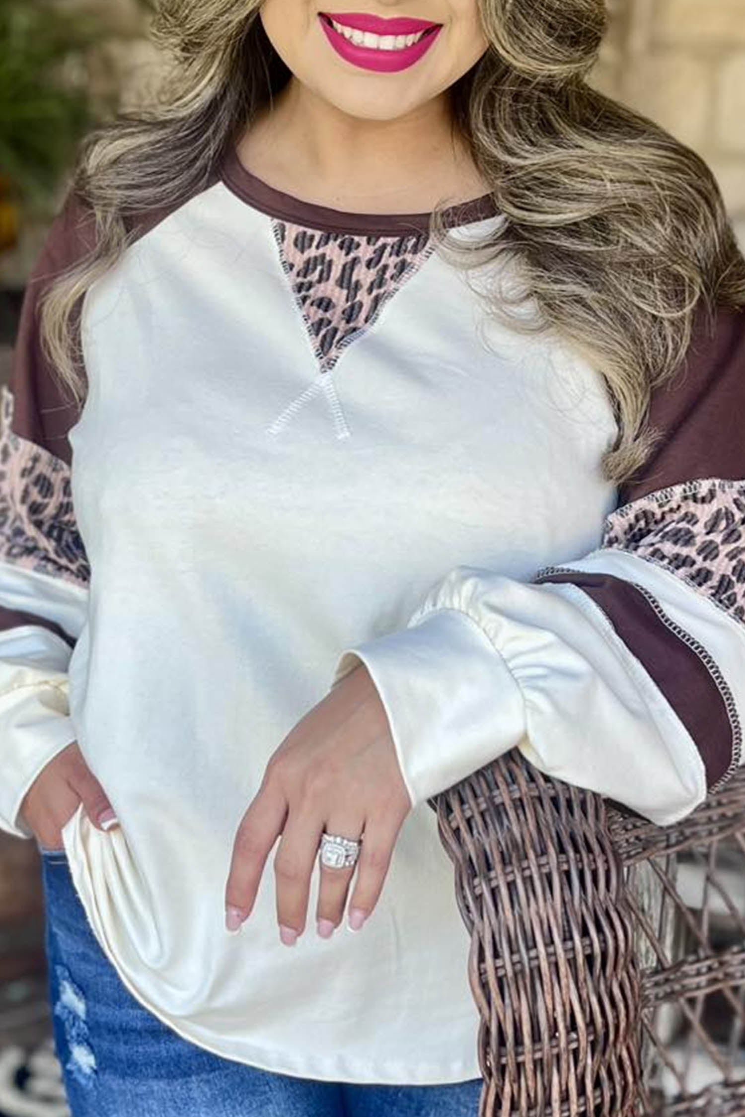 Leopard Print Colorblock Round Neck Long Sleeve Plus Size Blouse – Beige