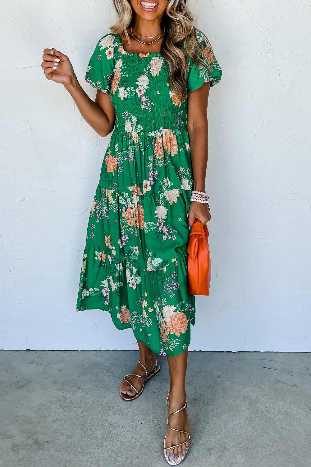 Green Floral Print Bubble Sleeve Smocked Tiered Midi Dress eAura