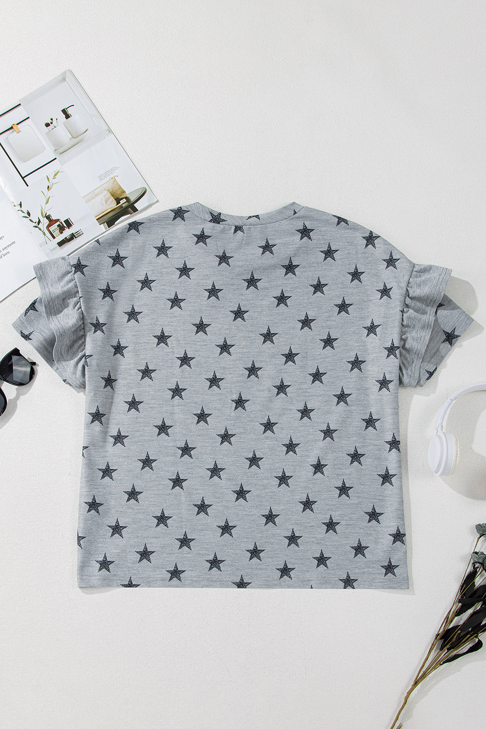 Grey Star Print Ruffled Sleeve T Shirt eAura