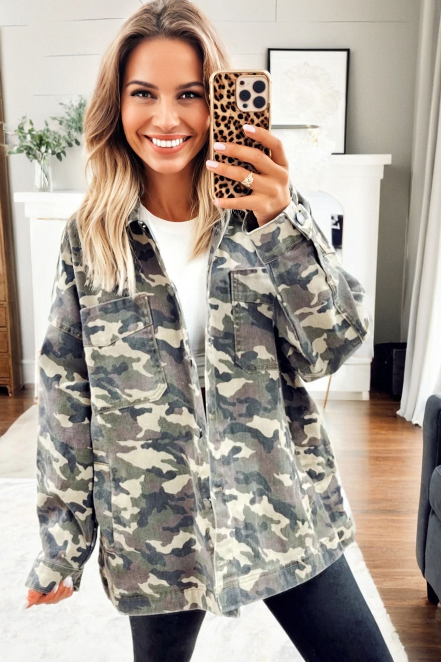 Camo Chest Pockets Oversized Denim Jacket - eAura
