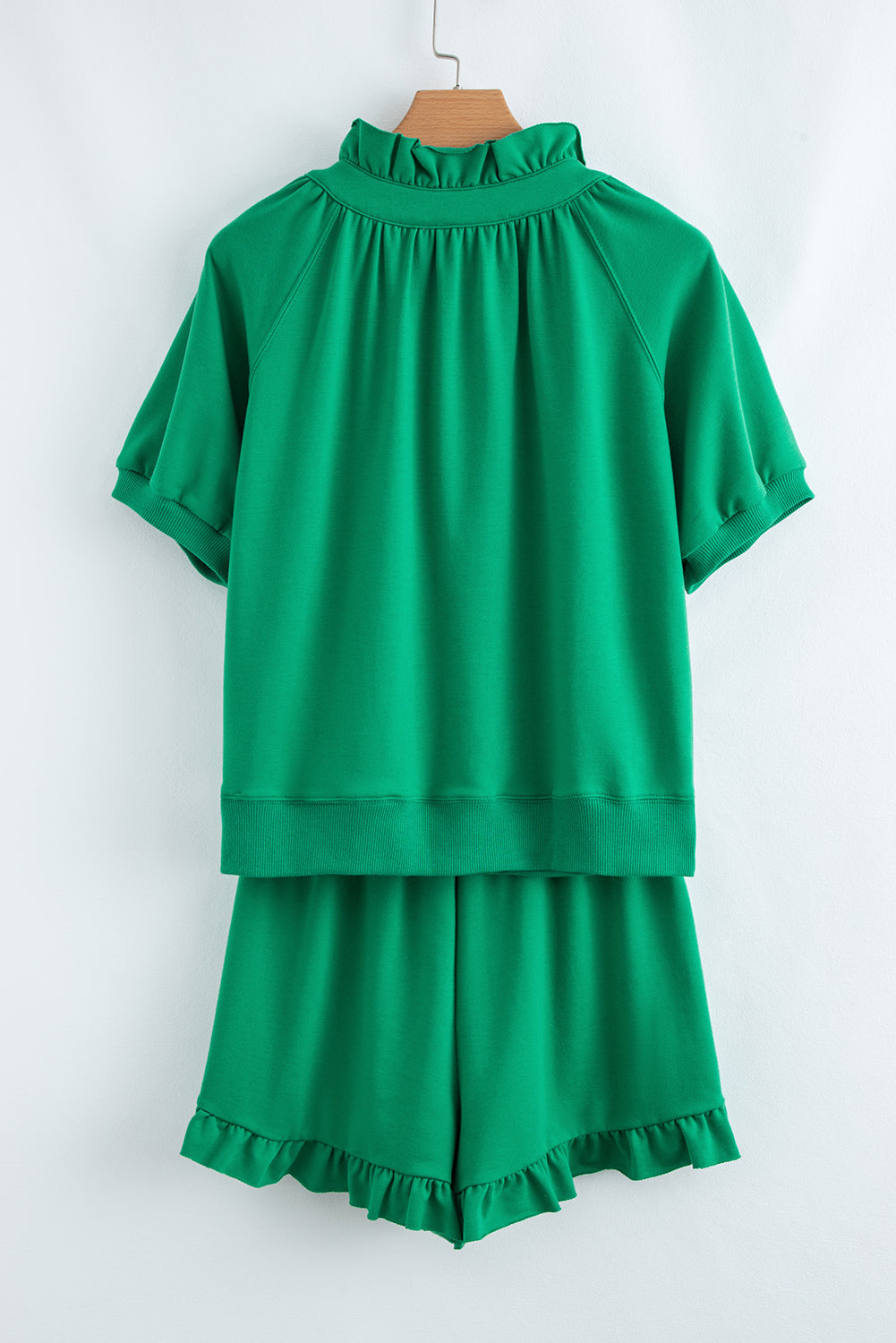 Sea Green Half Zip Puff Sleeve Top and Ruffled Shorts Set eAura