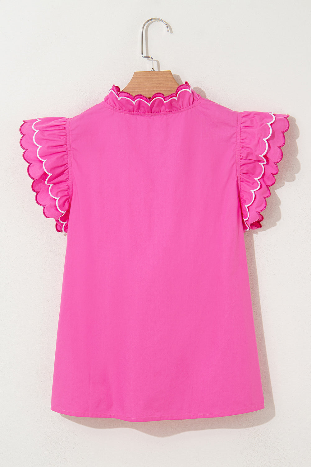 Bright Pink Scallop Trim Short Sleeve V Neck Top eAura
