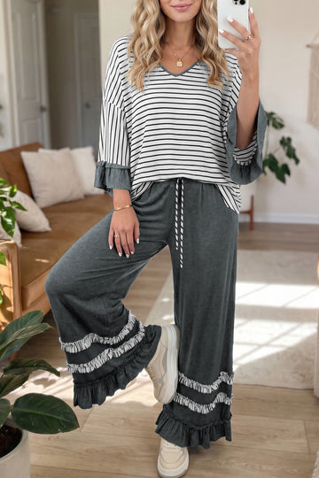 V Neck Ruffle Contrast Sleeve Top Drawstring Pants 2pcs Set – Gray Stripe