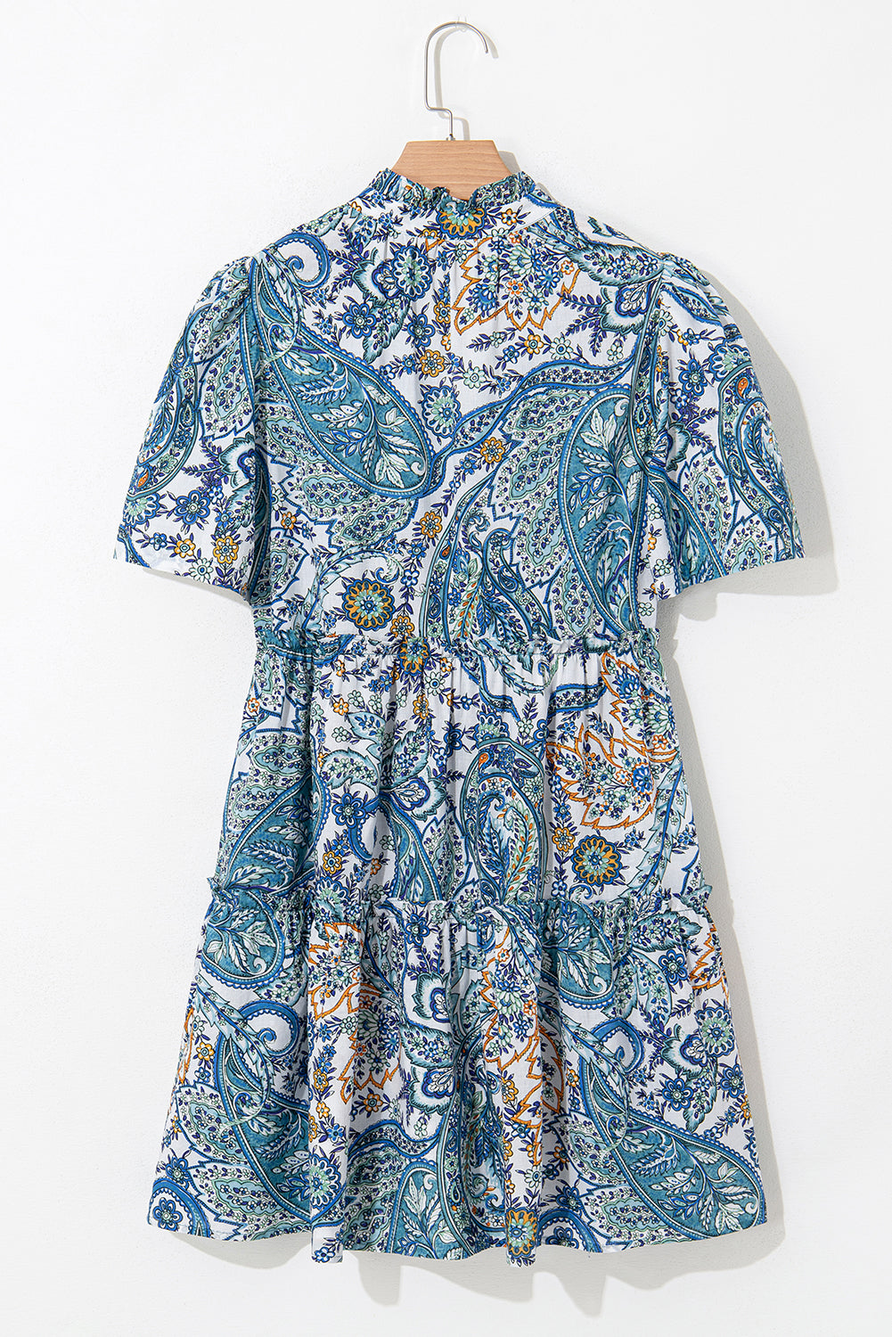 Blue Bohemian Paisley Floral V Neck Short Sleeve Mini Dress eAura