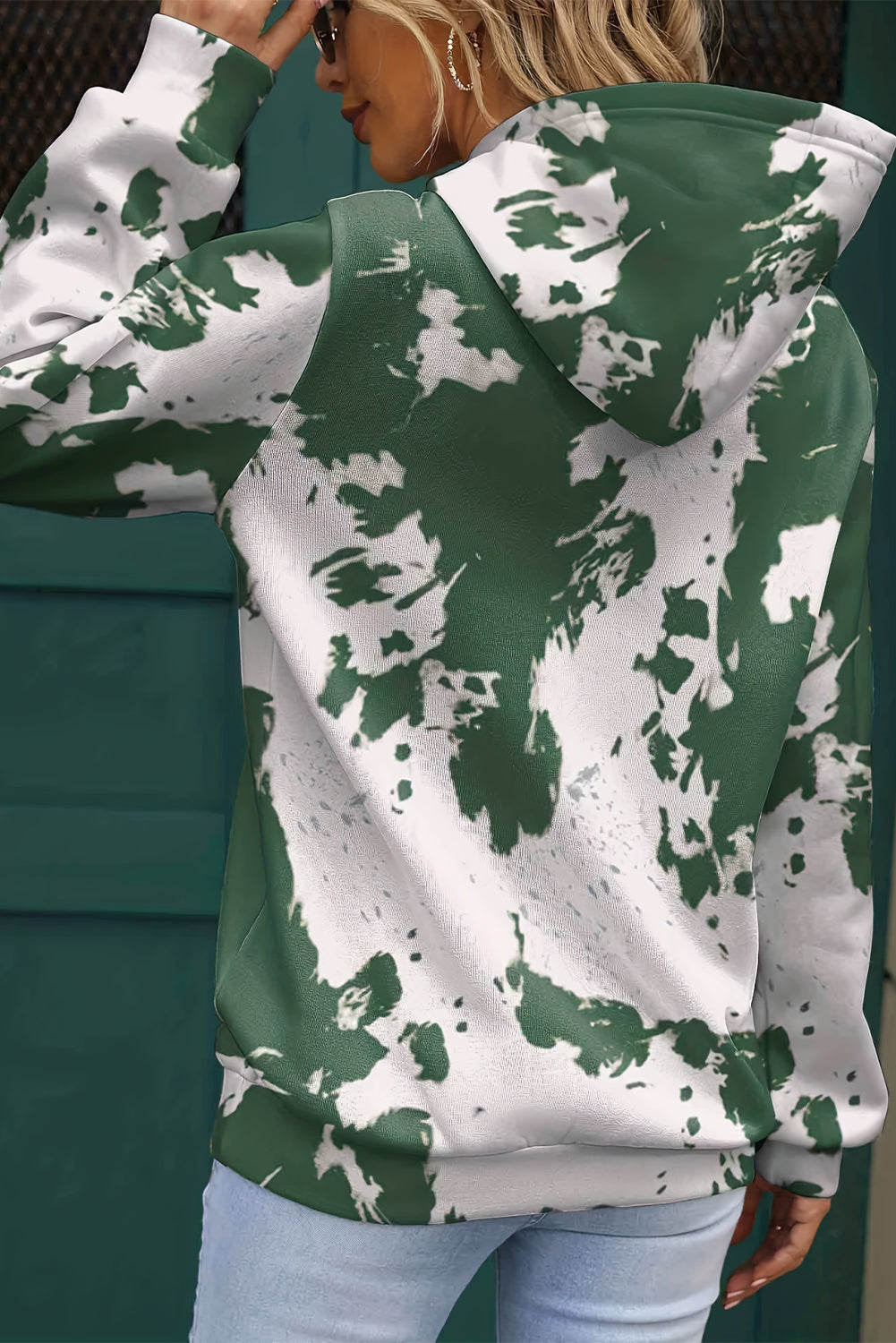 Green Tie Dye Print Kangaroo Pocket Loose Hoodie eAura