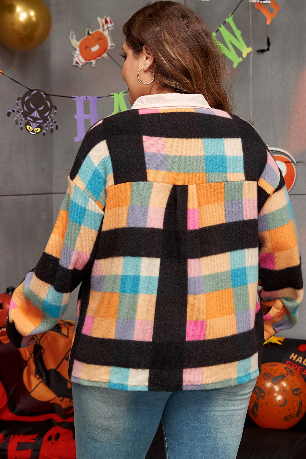 Black Plus Size Checkered Print Sherpa Henley Sweatshirt BB Fashion Outlet