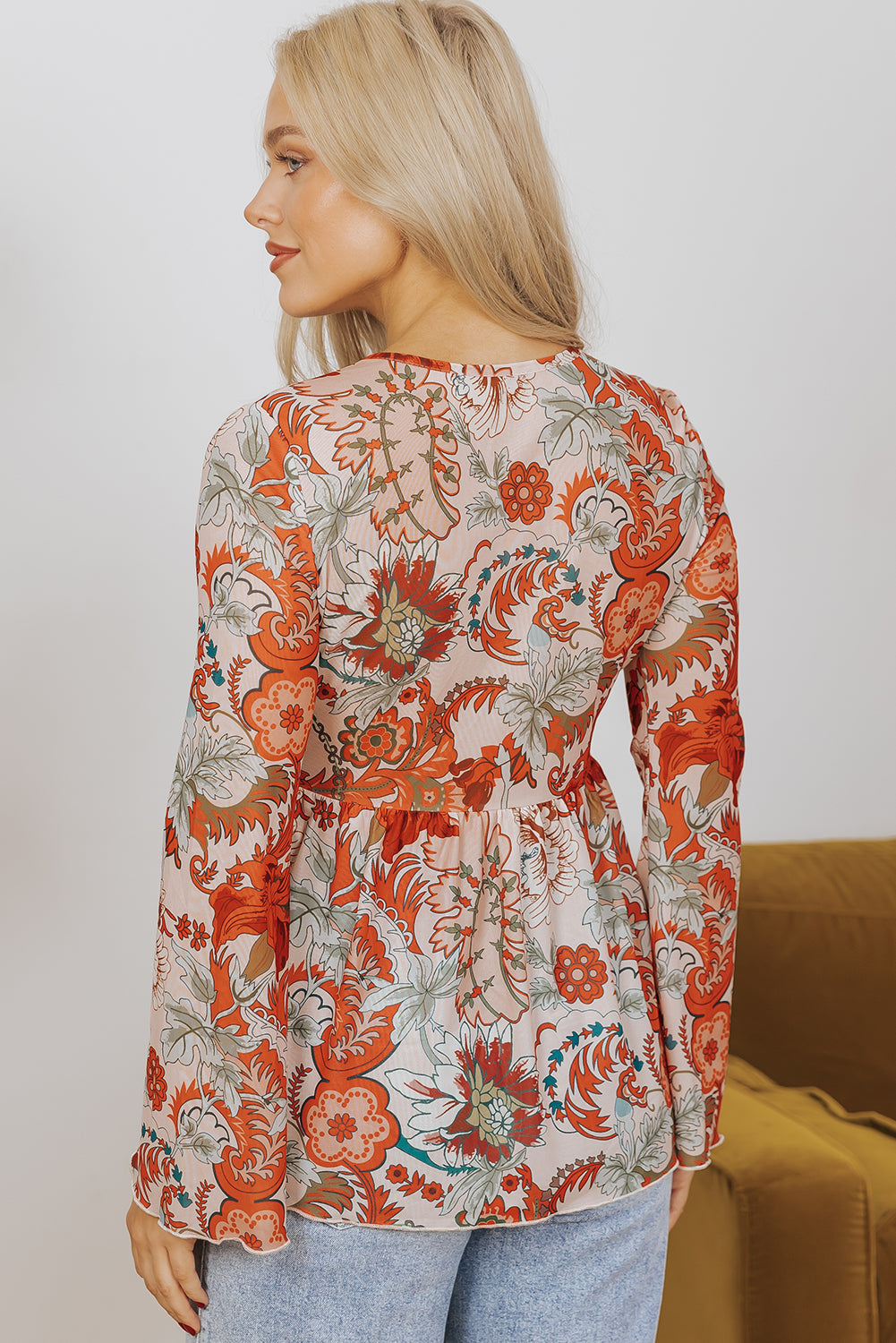 Orange Floral Print Deep V Neck Knot Bell Sleeve Blouse eAura